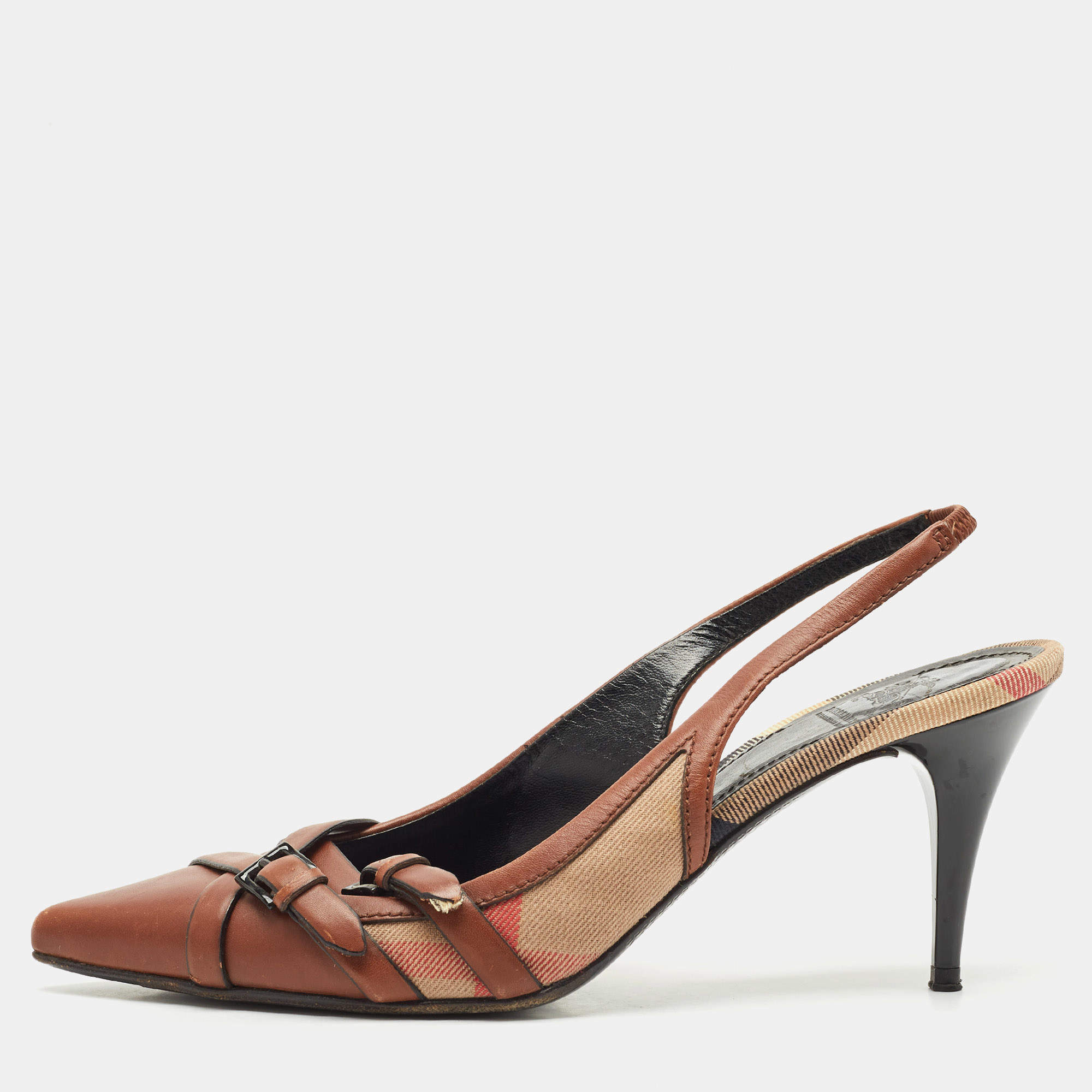 Pre Owned Burberry Brown Leather And Novacheck Buckle Slingback Sandals Size 39