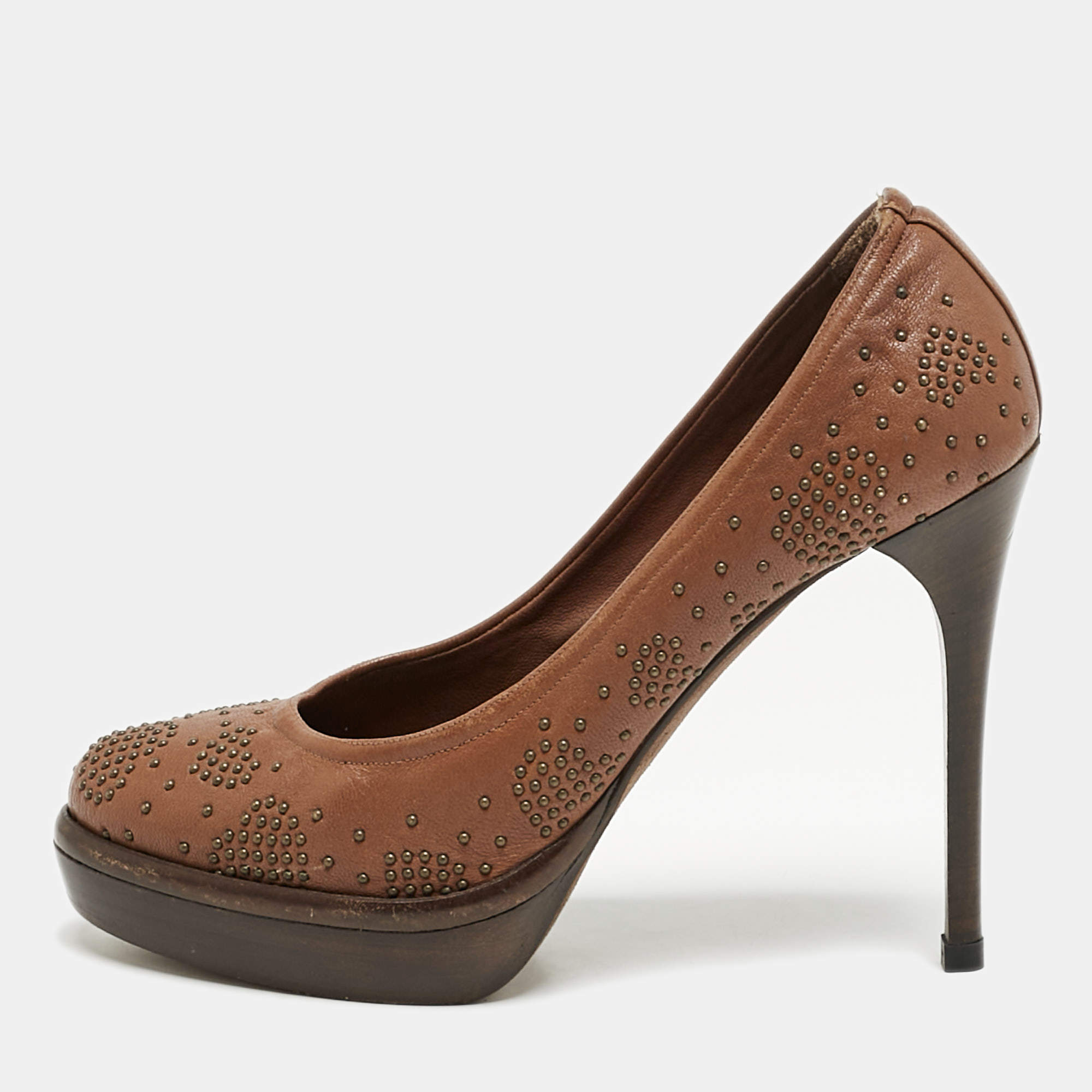 Burberry Brown Leather Studded Platform Pumps Size 38