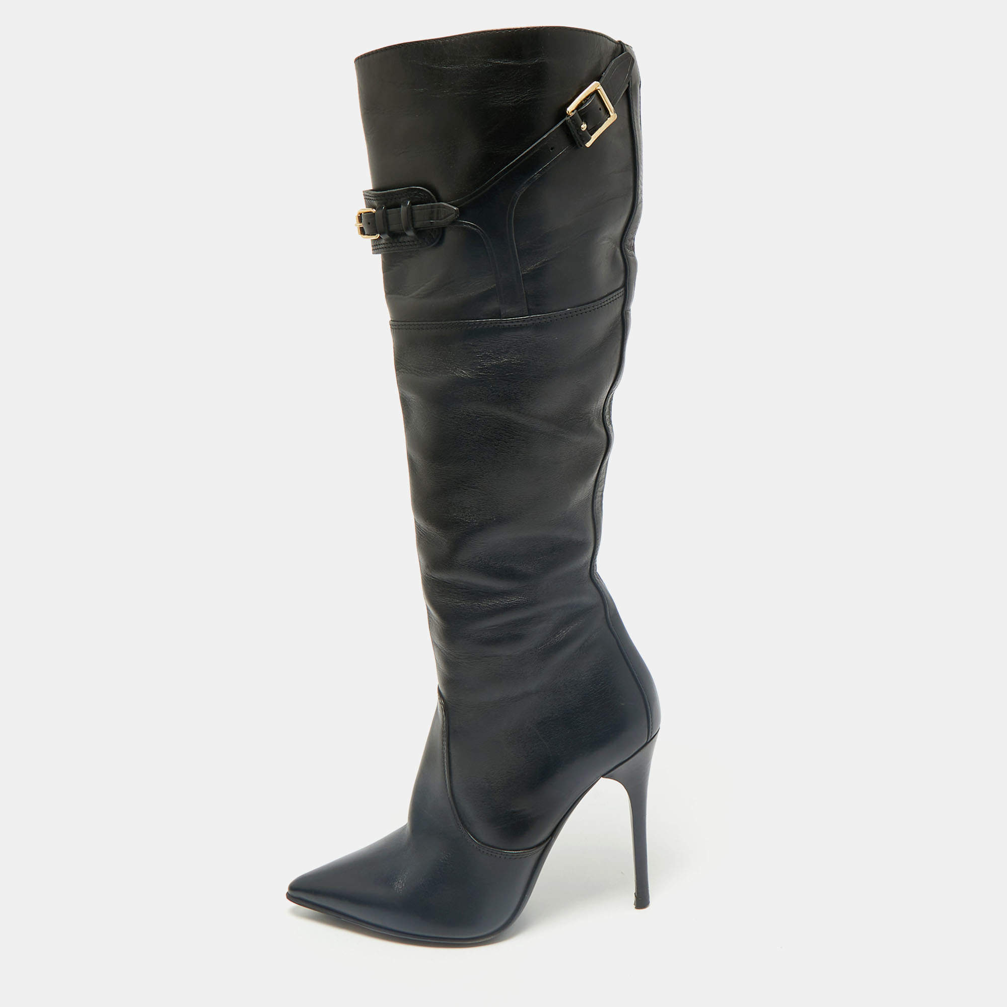Burberry Black Leather Buckle Pointed Toe Knee Length Boots Size 38