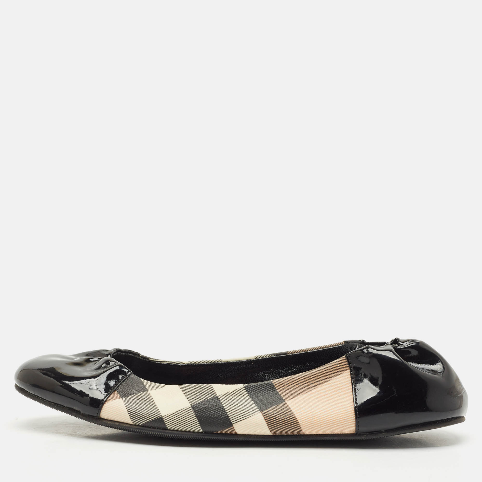 Pre Owned Burberry Black Patent Leather And Nova Check Canvas Scrunch Ballet Flats Size 38