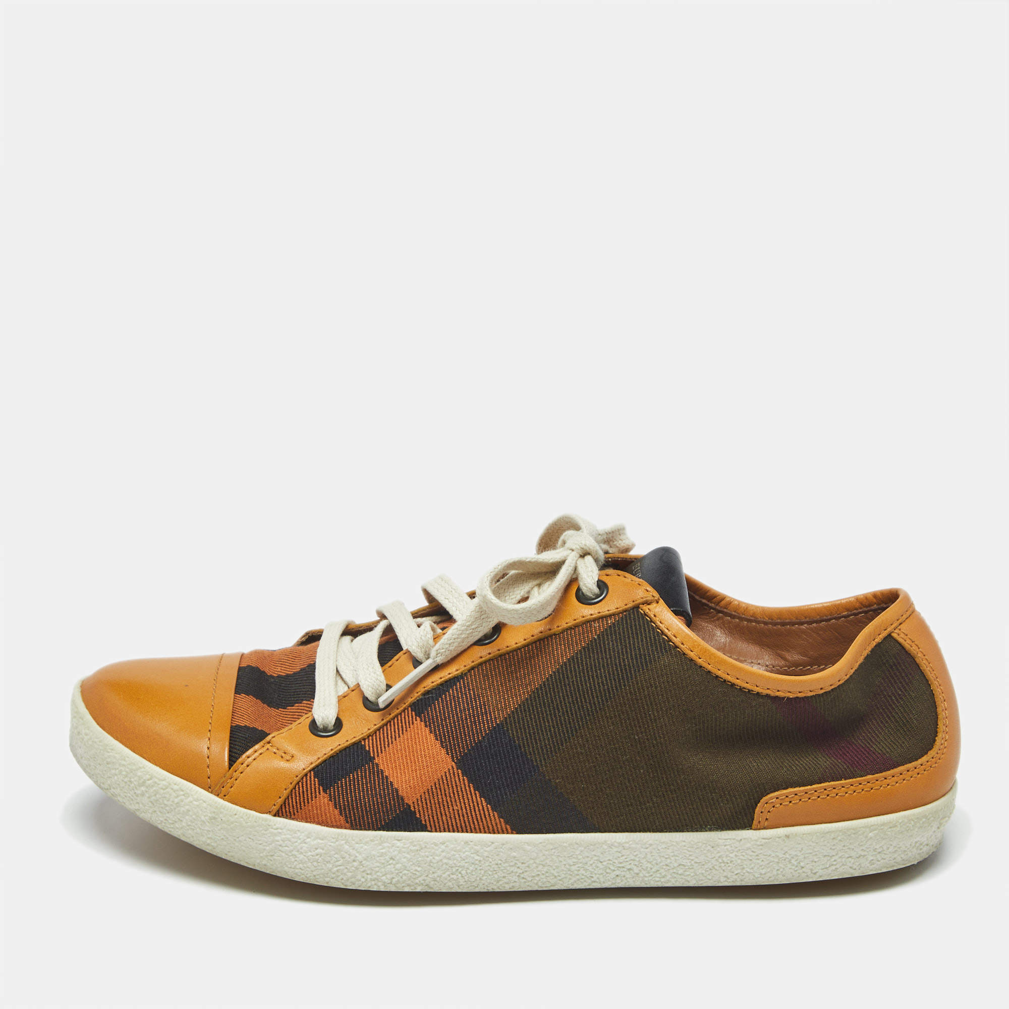 Pre Owned Burberry Orange Check Canvas and Leather Harrowby Sneakers Size 38