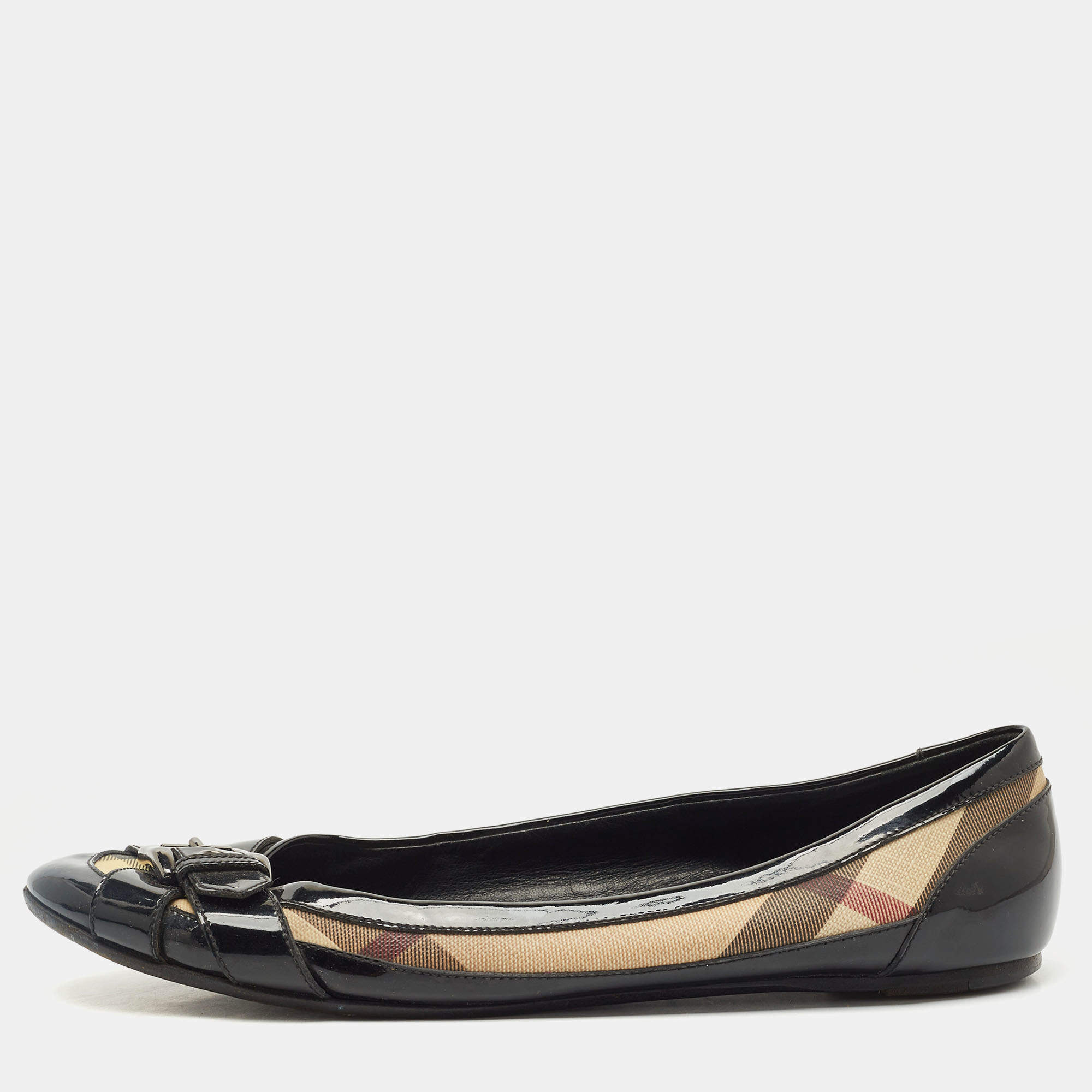 Pre Owned Burberry Black/Beige Nova Check PVC and Patent Leather Buckle Ballet Flats Size 41