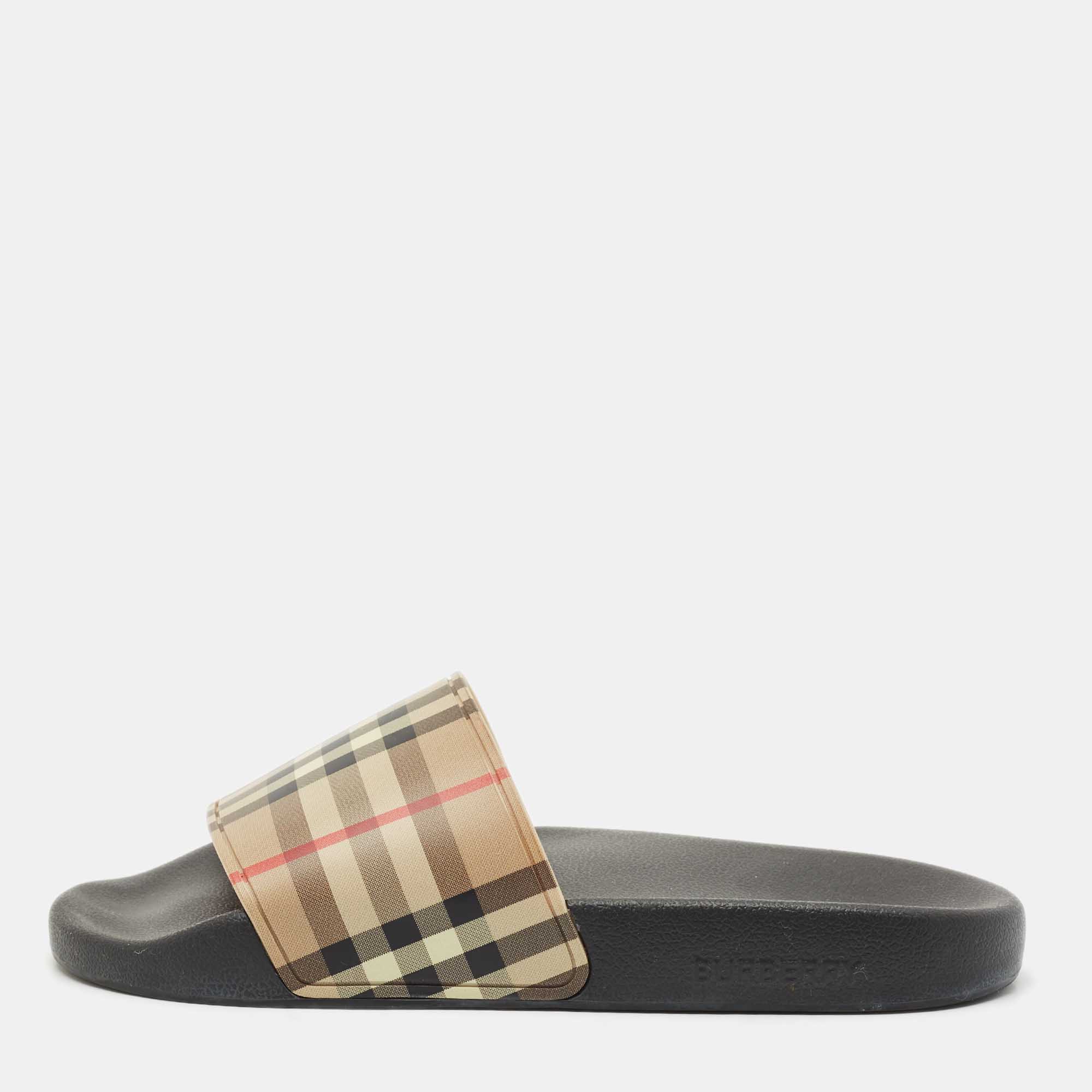 Pre Owned Burberry Beige/Black House Check Rubber Furley Flat Slides Size 38