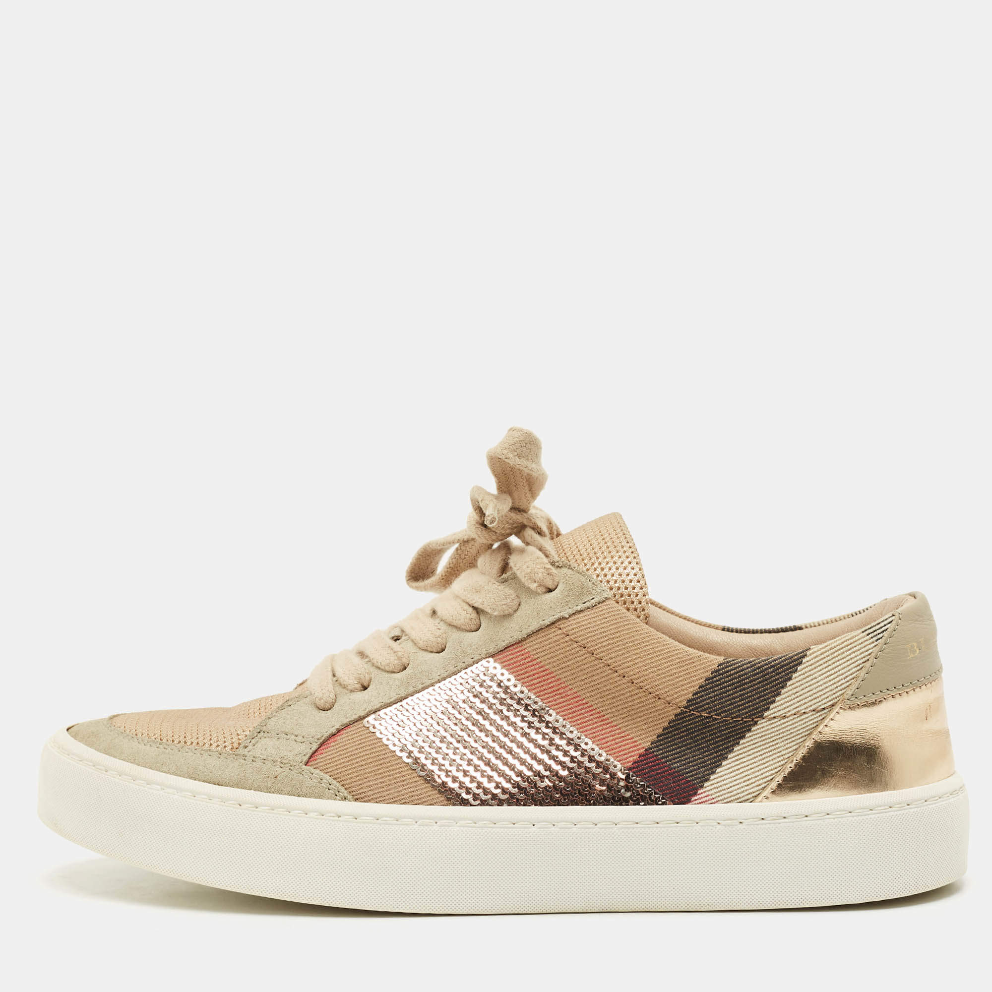 Pre Owned Burberry Beige/Rose Gold House Check Canvas and Suede Salmond Sequins Low Top Sneakers Size 36
