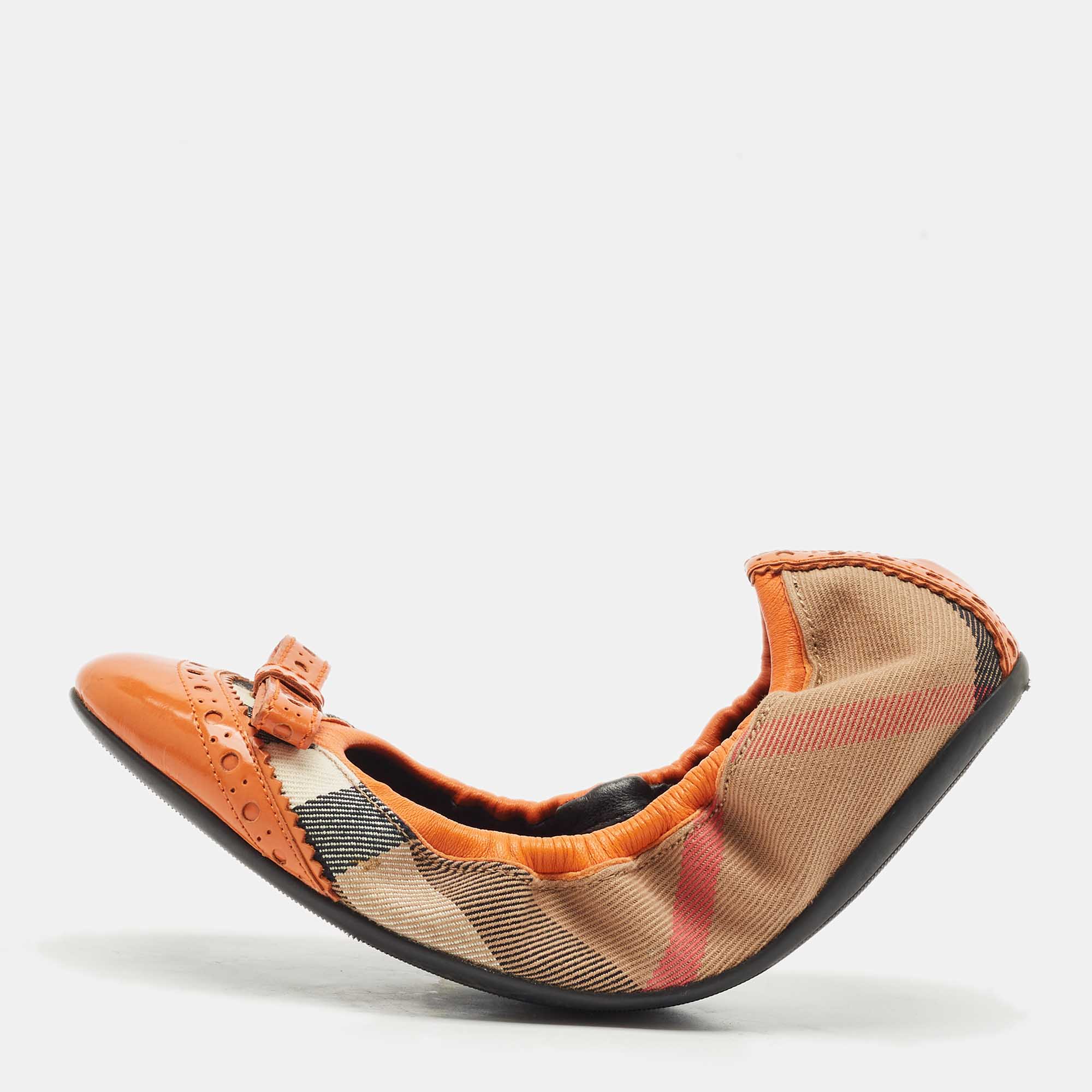 Pre Owned Burberry Brown/Yellow Leather and Nova Check Canvas Scrunch Ballet Flats Size 36.5