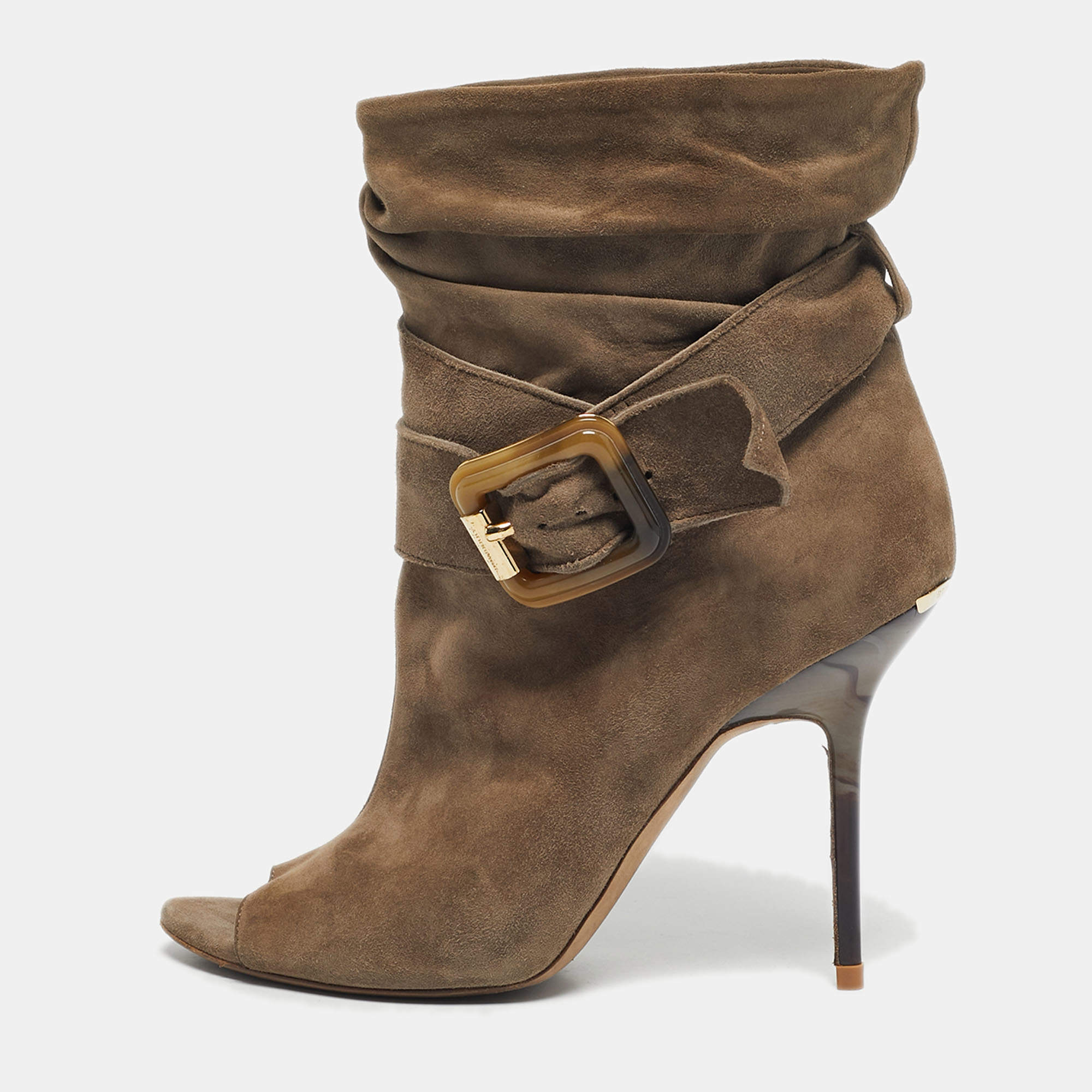 Pre Owned Burberry Grey Suede Trench Open Toe Ankle Length Boots Size 38