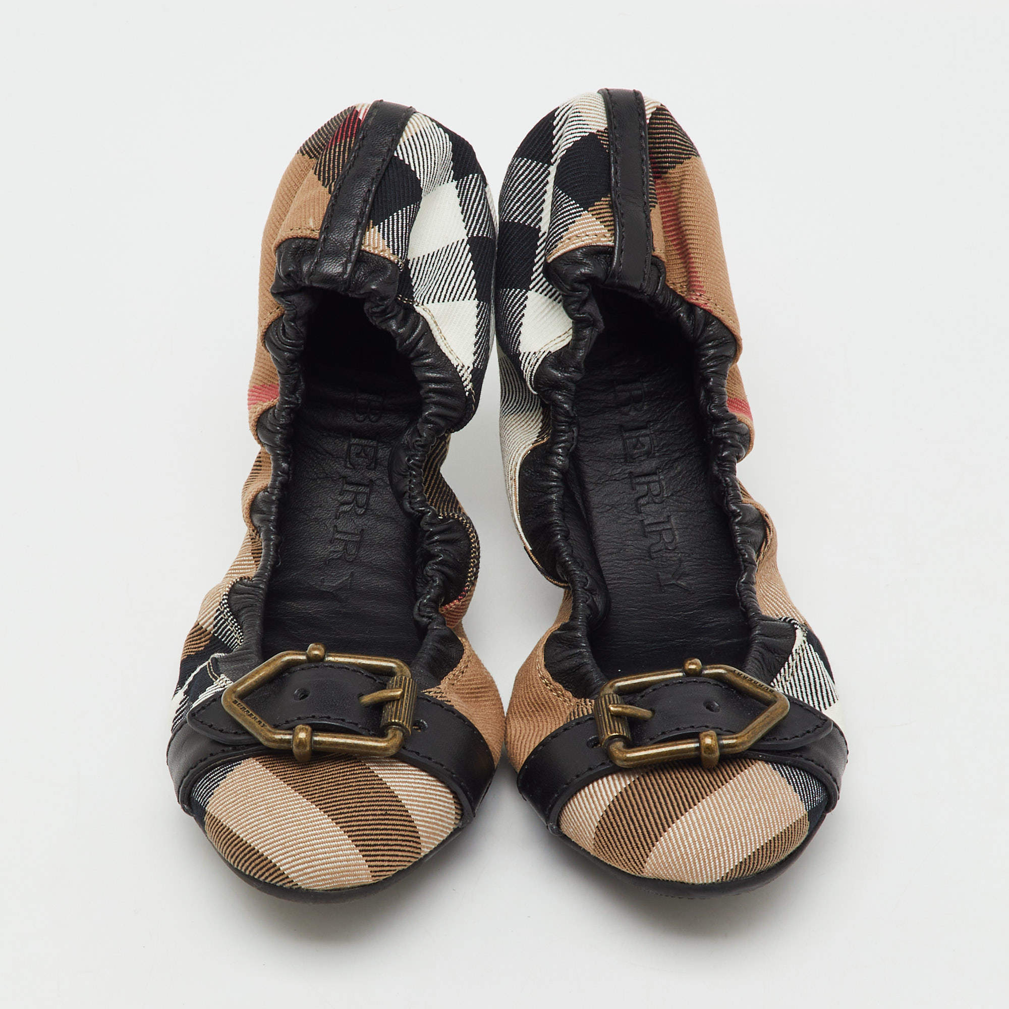 Pre Owned Burberry Multicolor Nova Check Fabric and Leather Buckle Scrunch Ballet Flats Size 39.5