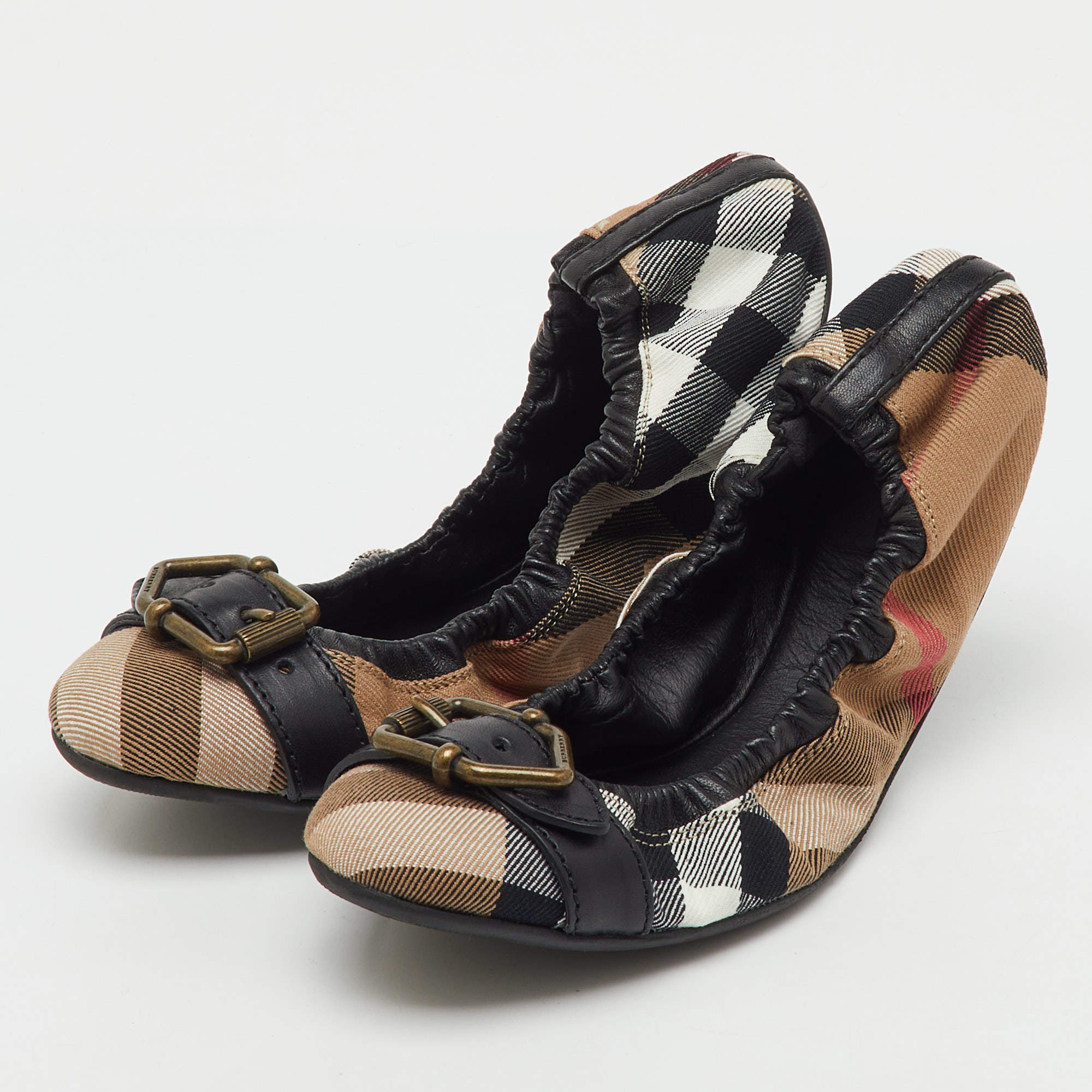 Pre Owned Burberry Multicolor Nova Check Fabric and Leather Buckle Scrunch Ballet Flats Size 39.5