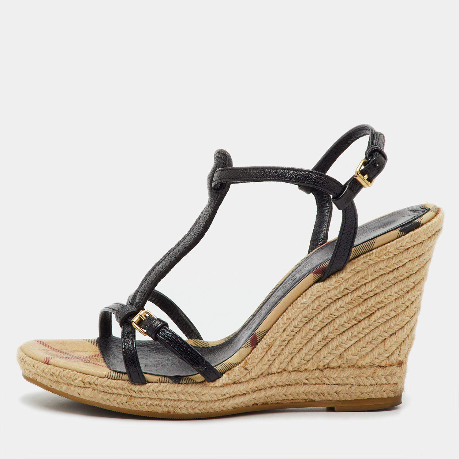 Pre Owned Burberry Beige/Black Leather and Haymarket Check Coated Canvas Espadrille Wedge Sandals Size 38