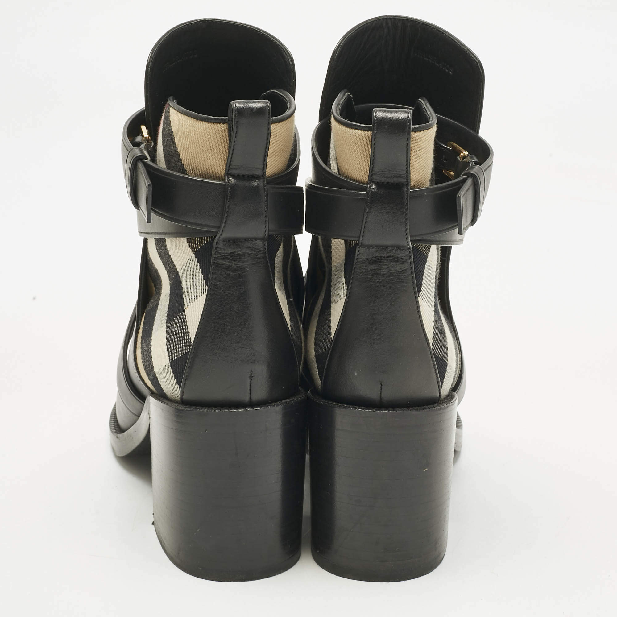 Pre Owned Burberry Black/Beige Check Canvas and Leather Ankle Length Boots Size 39