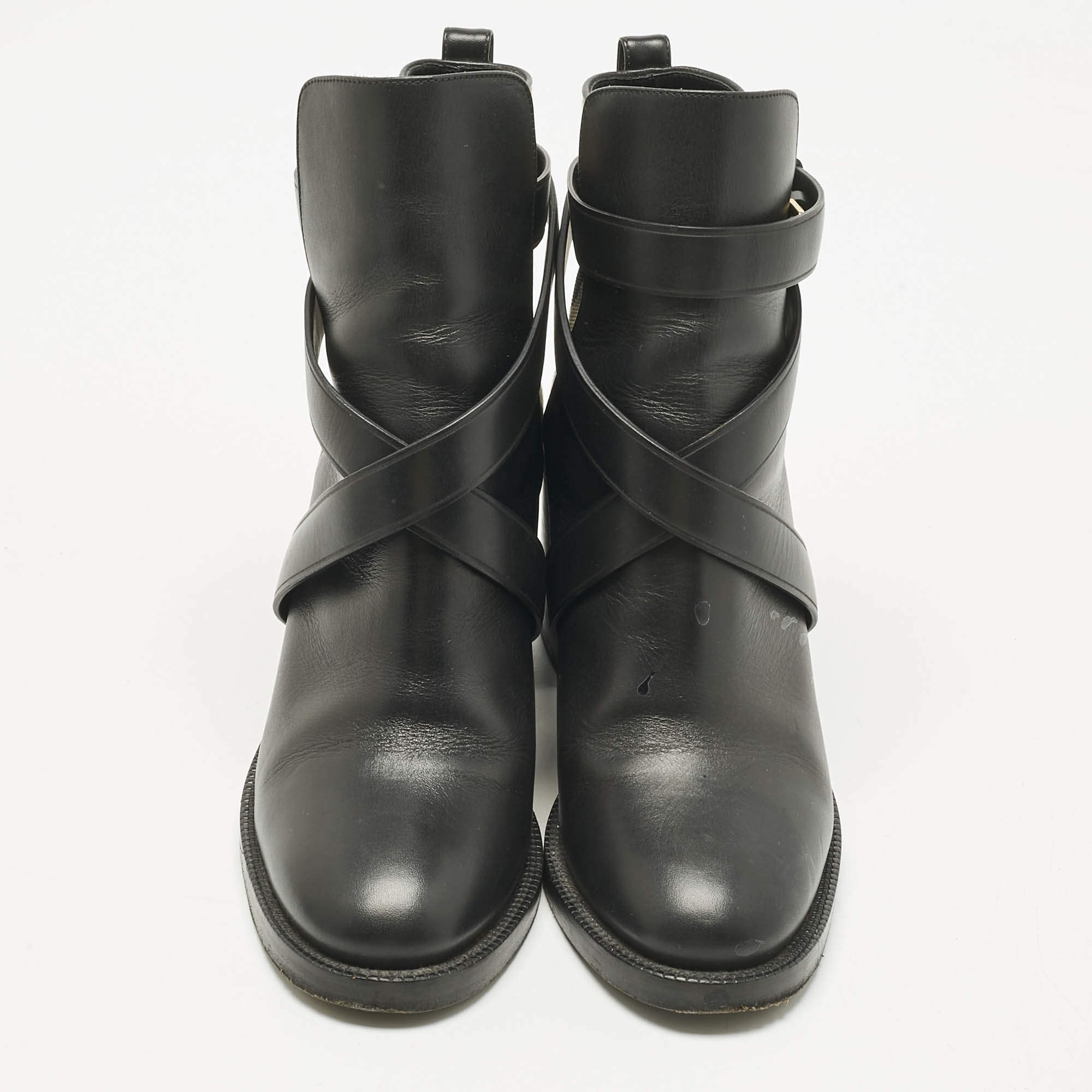 Pre Owned Burberry Black/Beige Check Canvas and Leather Ankle Length Boots Size 39