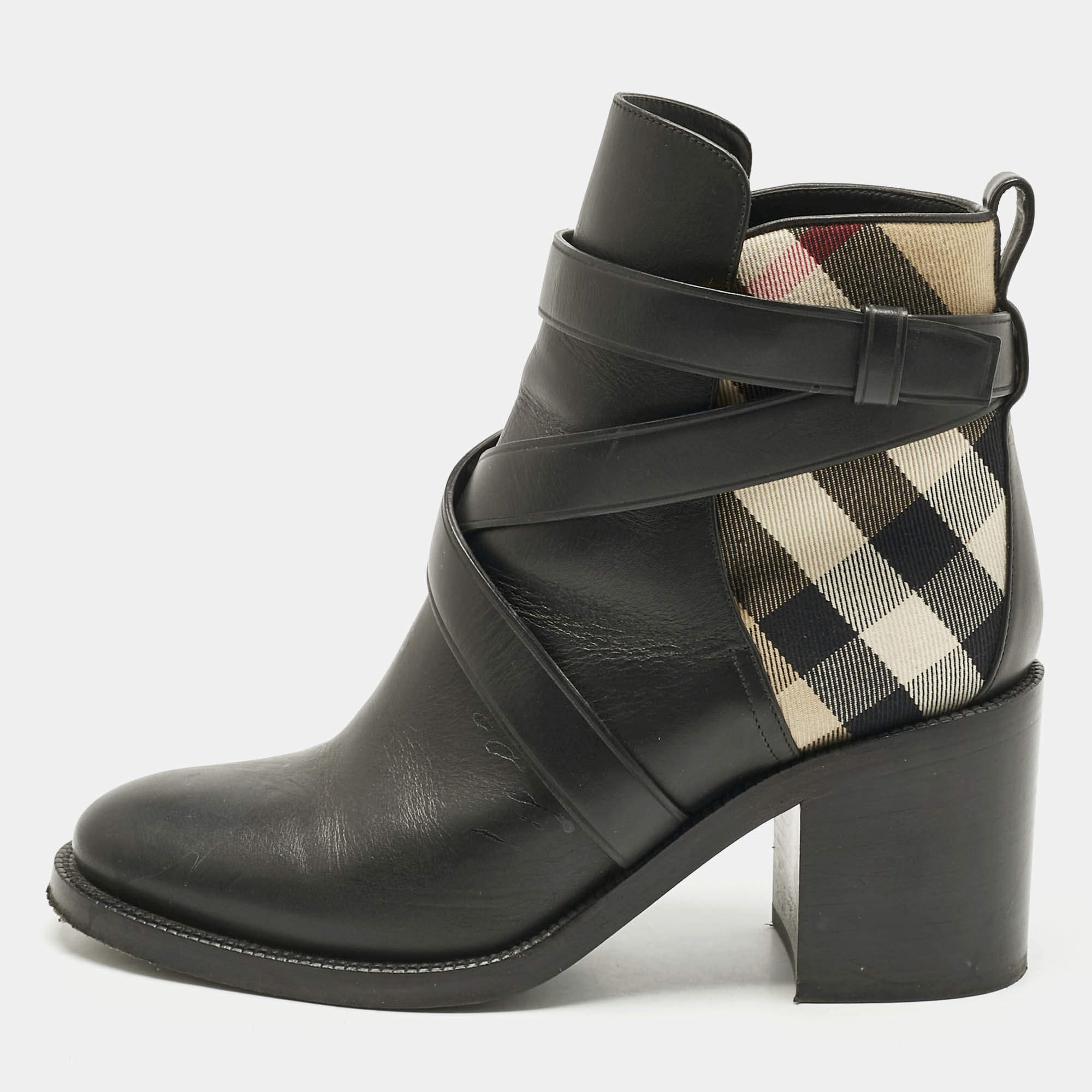 Pre Owned Burberry Black/Beige Check Canvas and Leather Ankle Length Boots Size 39