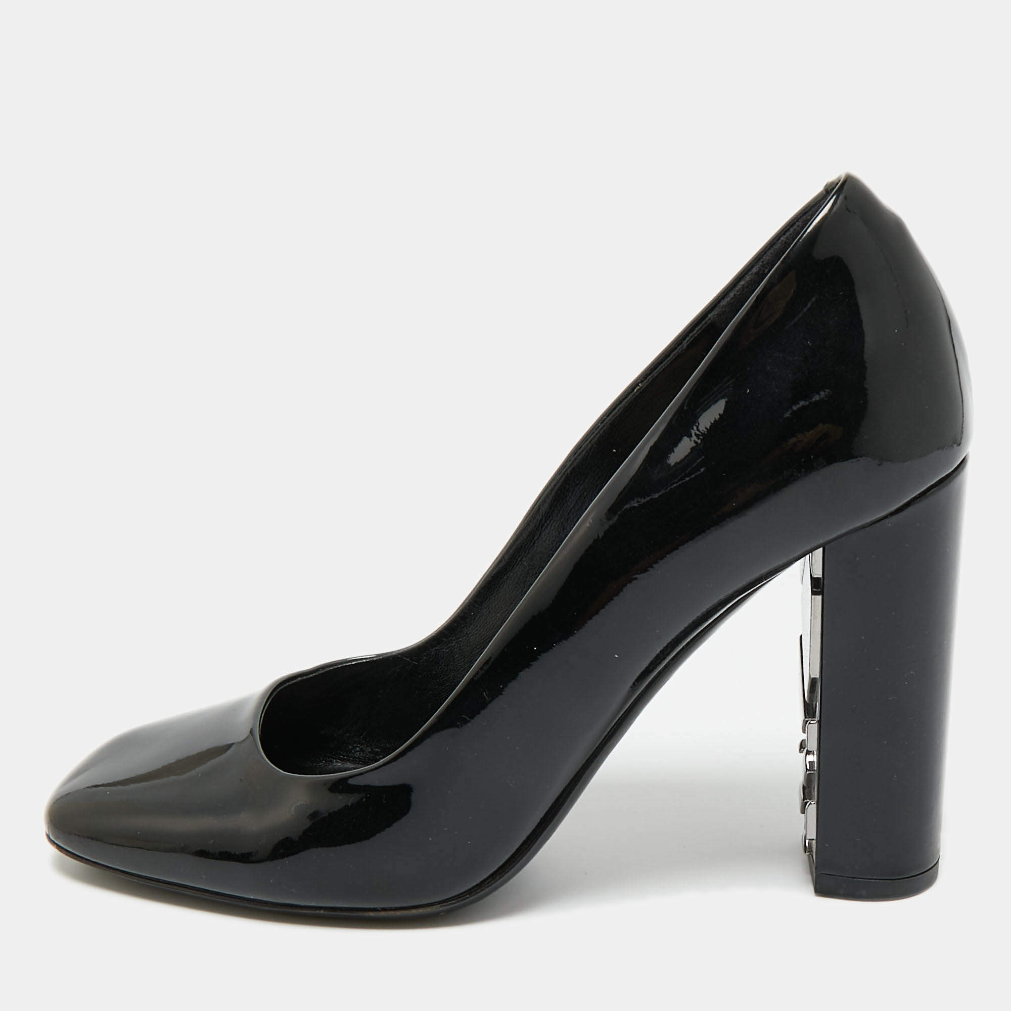 Pre Owned Burberry Black Patent Leather Block Heel Pumps Size 37.5