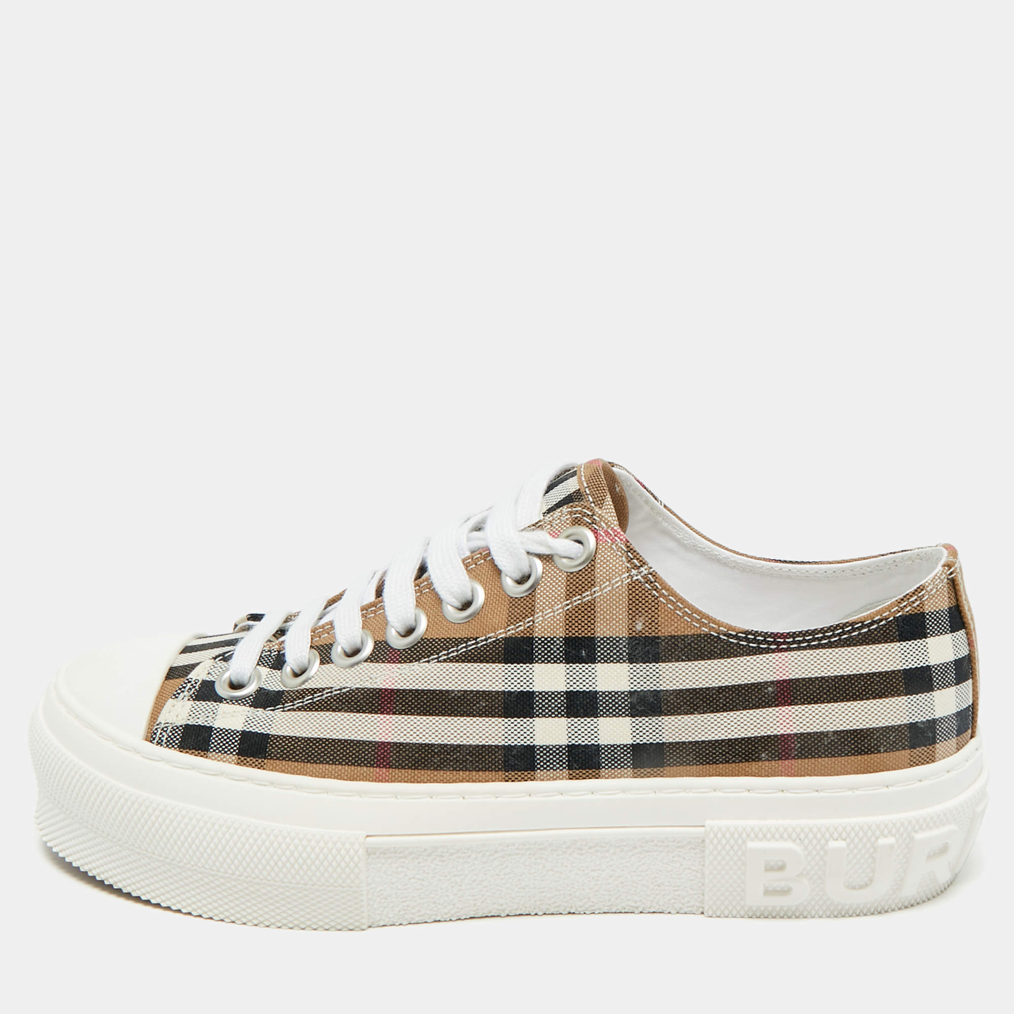 Pre Owned Burberry Beige Check Canvas Lace Up Sneakers Size 37