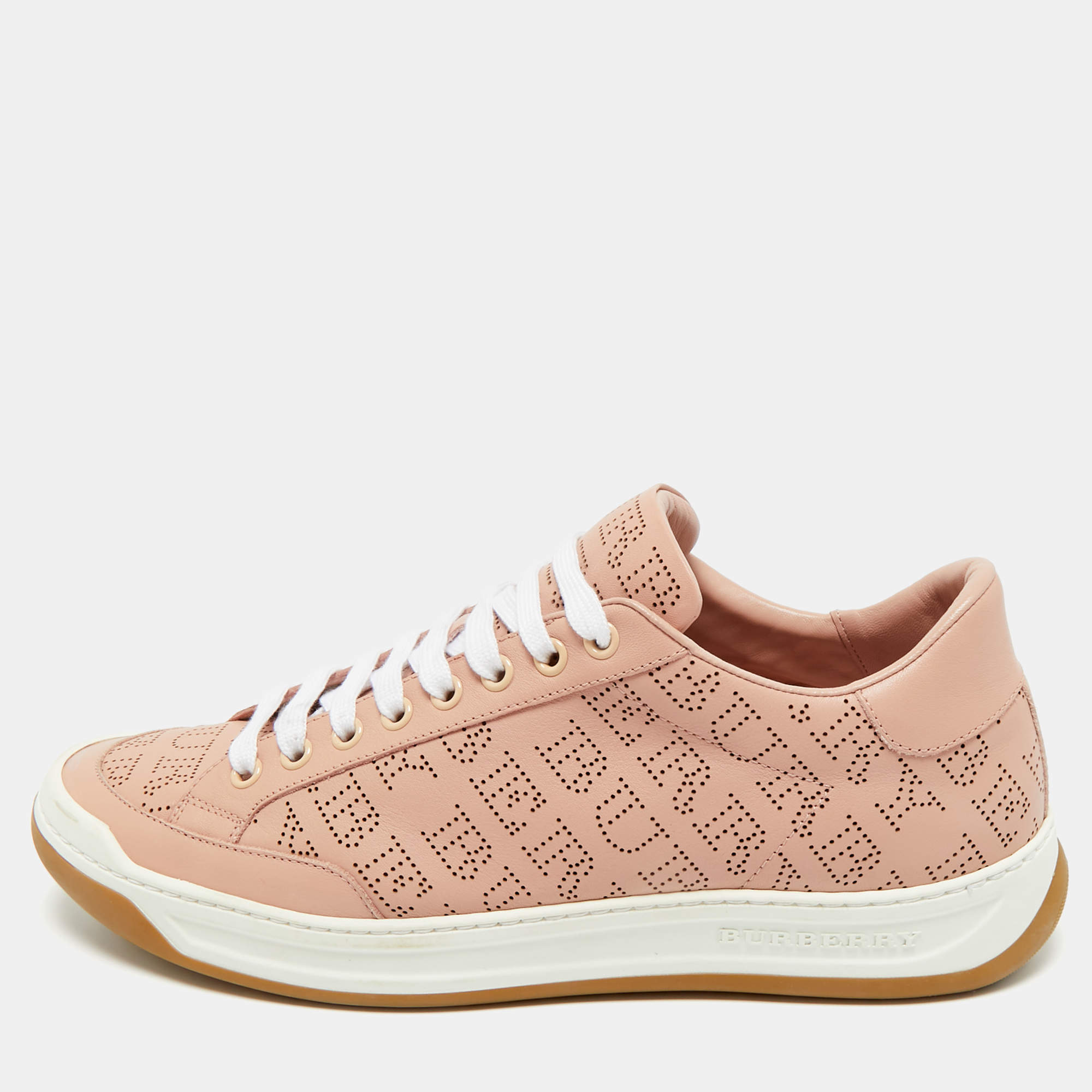 Pre Owned Burberry Pink Perforated Leather Timsbury Sneakers Size 41