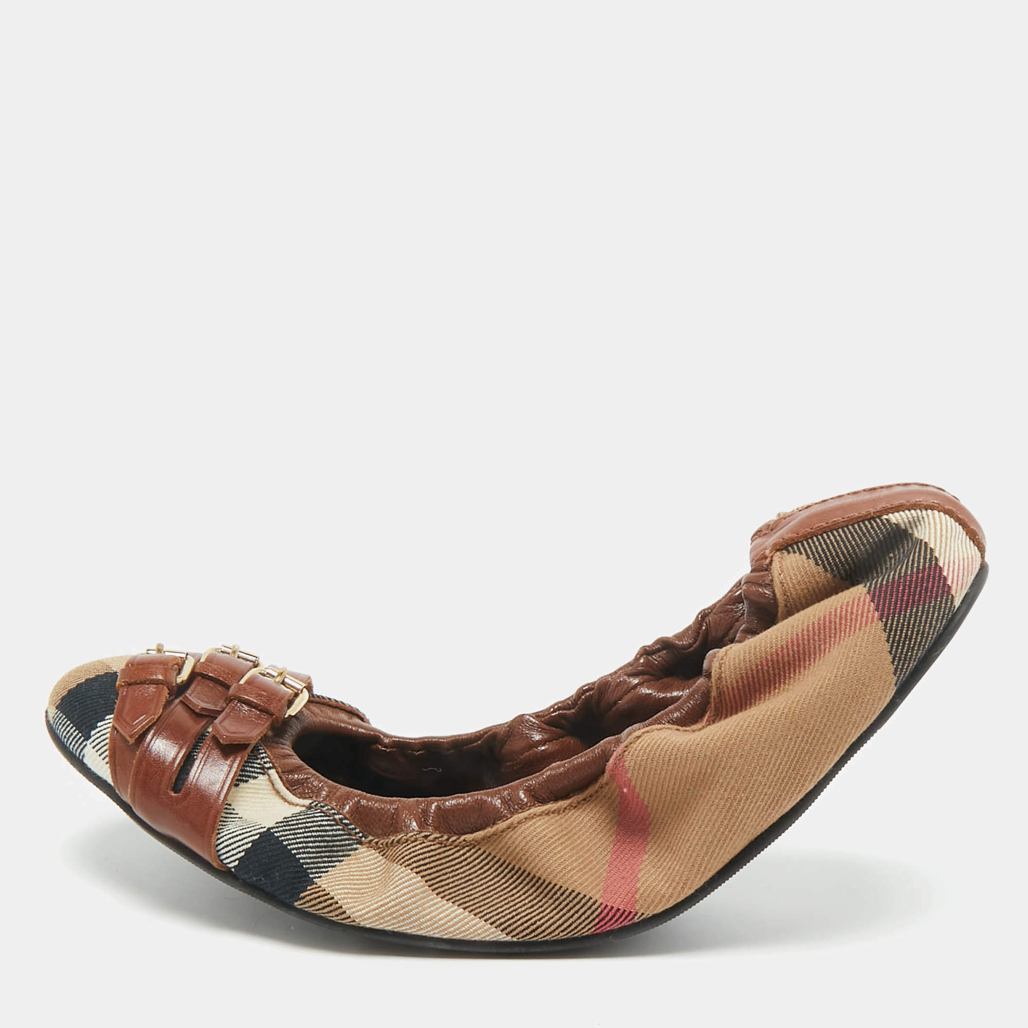 Pre Owned Burberry Multicolor Nova Check Canvas and Leather Buckle Scrunch Ballet Flats Size 38