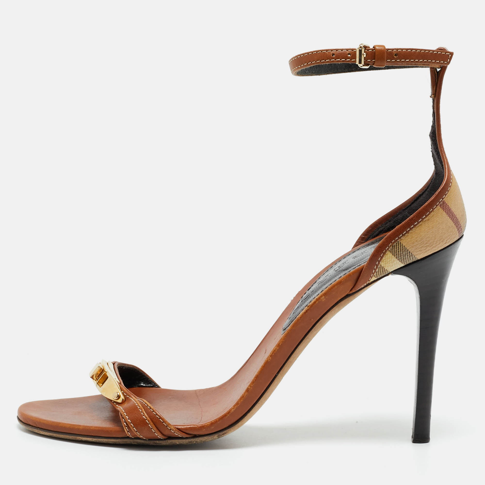 Pre Owned Burberry Brown House Check Canvas and Leather Ankle Strap Sandals Size 38