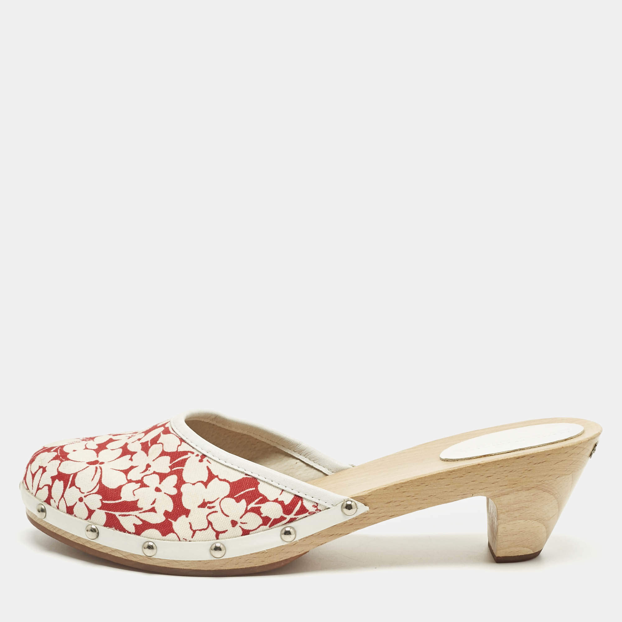 Pre Owned Burberry Cream/Red Flora Canvas and Leather Mules Size 38