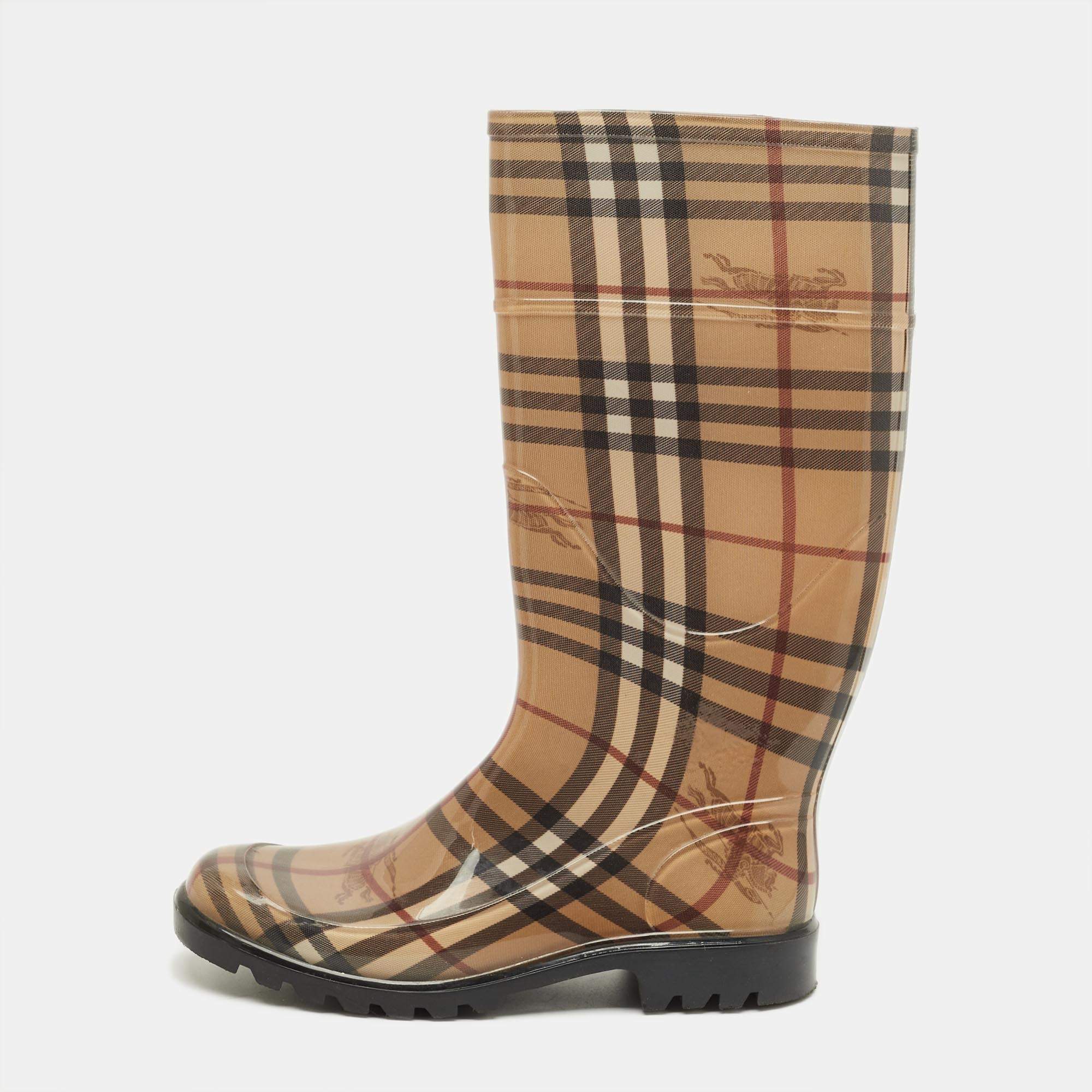 Pre Owned Burberry Brown PVC House Check Rain Boots Size 37