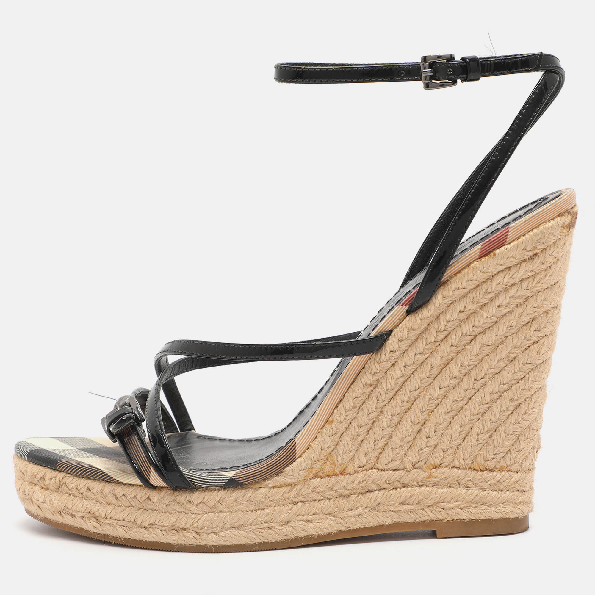Pre Owned Burberry Beige/Black Check Patent Leather and Canvas Espadrille Wedge Sandals Size 39