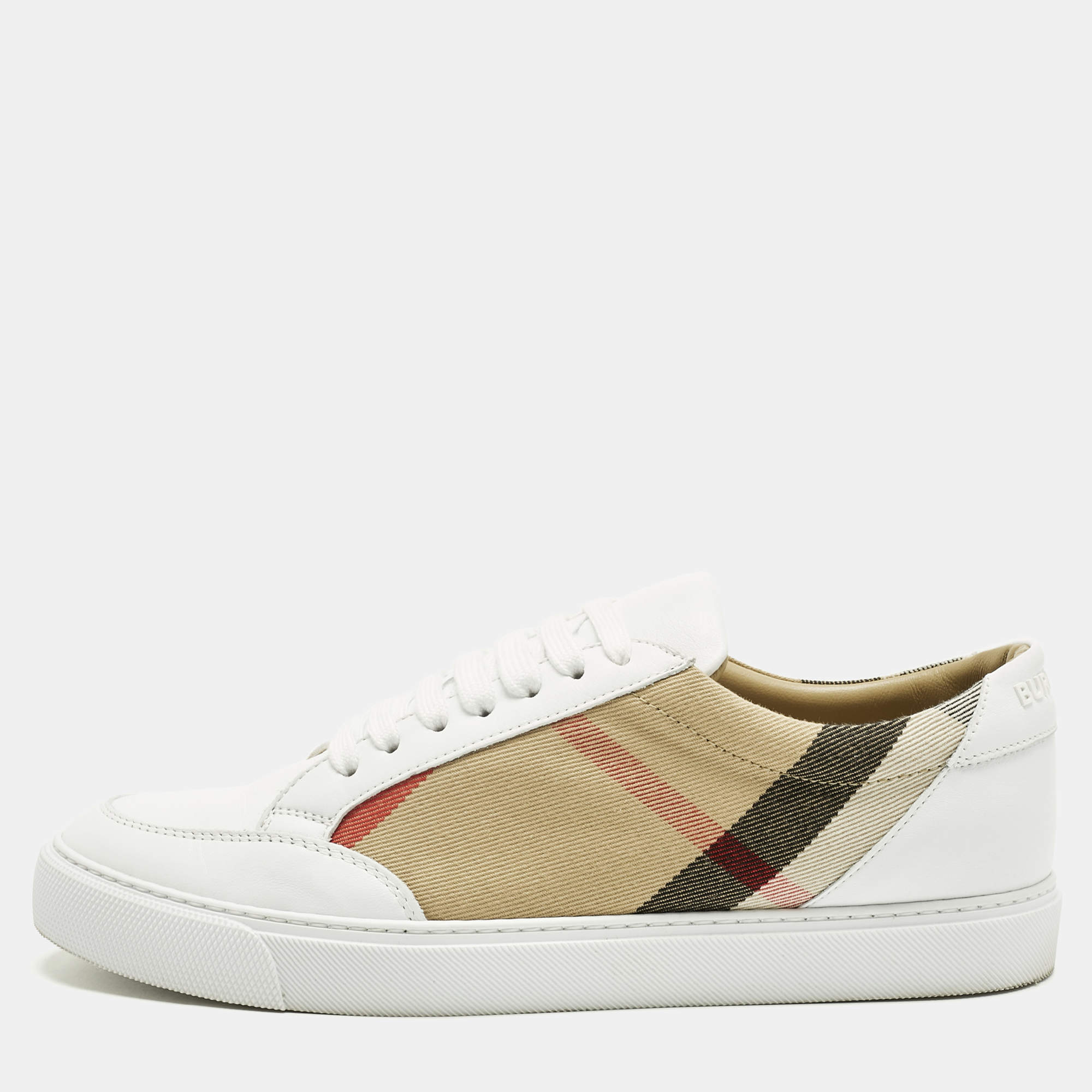 Pre Owned Burberry White/Beige Leather and House Check Canvas Salmond Sneakers Size 40