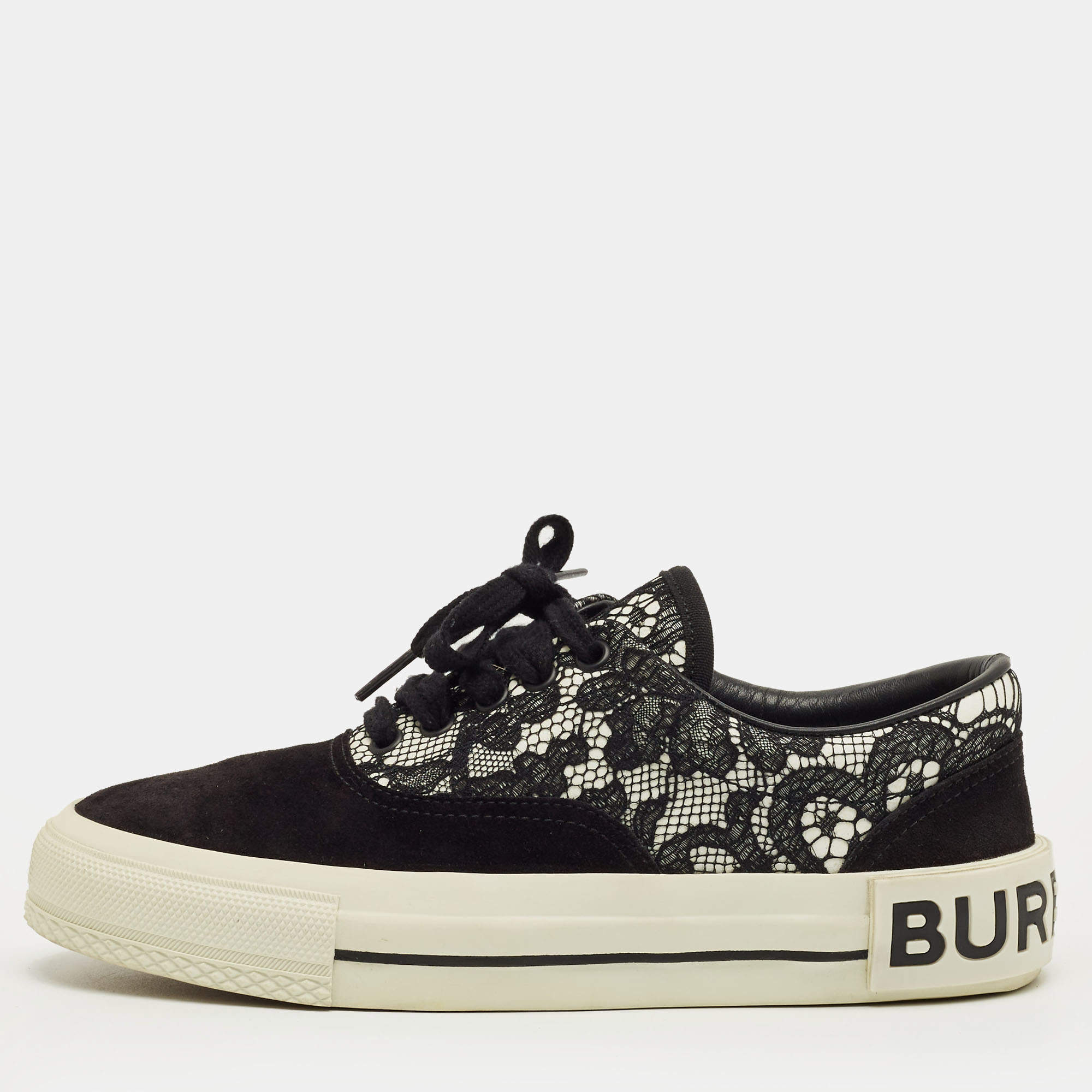 Pre Owned Burberry Black/White Lace and Suede Skate Sneakers Size 36.5