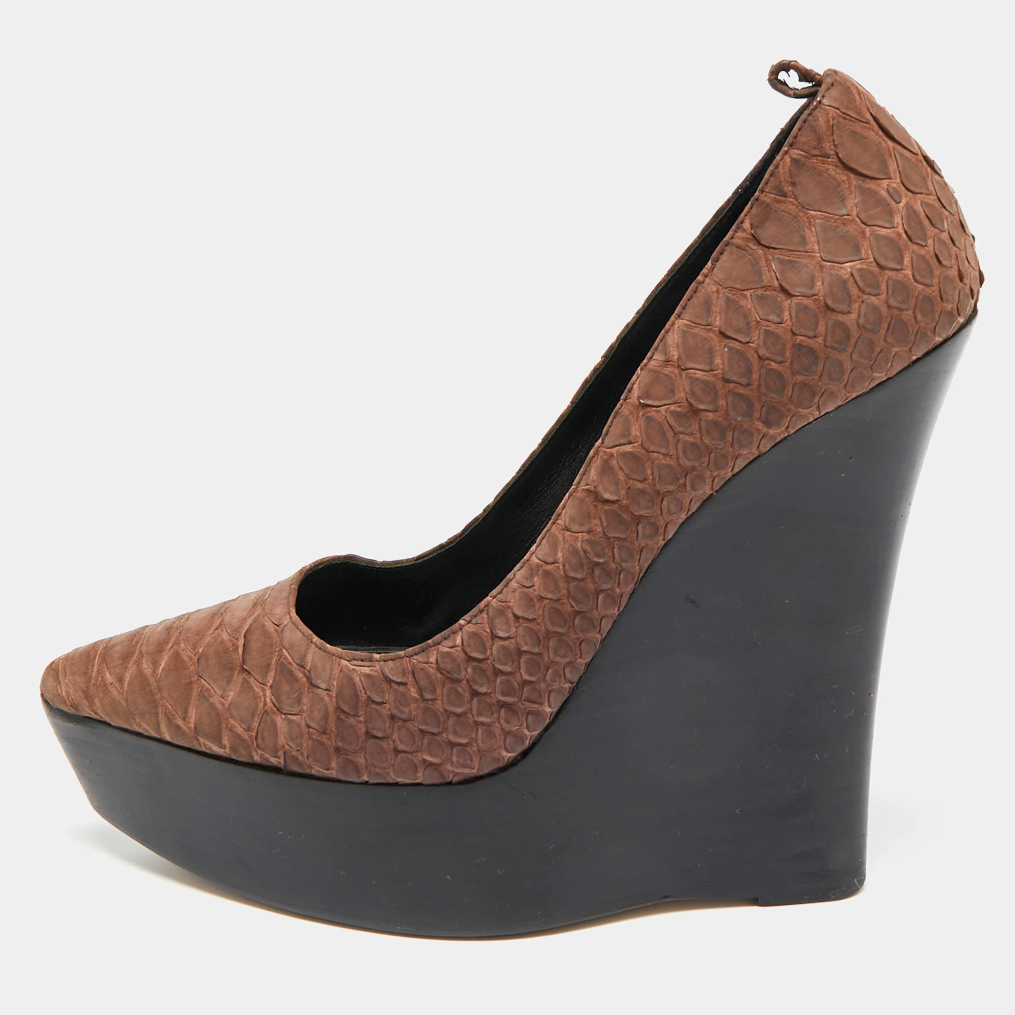 Pre Owned Burberry Size 39 Brown Python Leather Platform Wedge Pumps