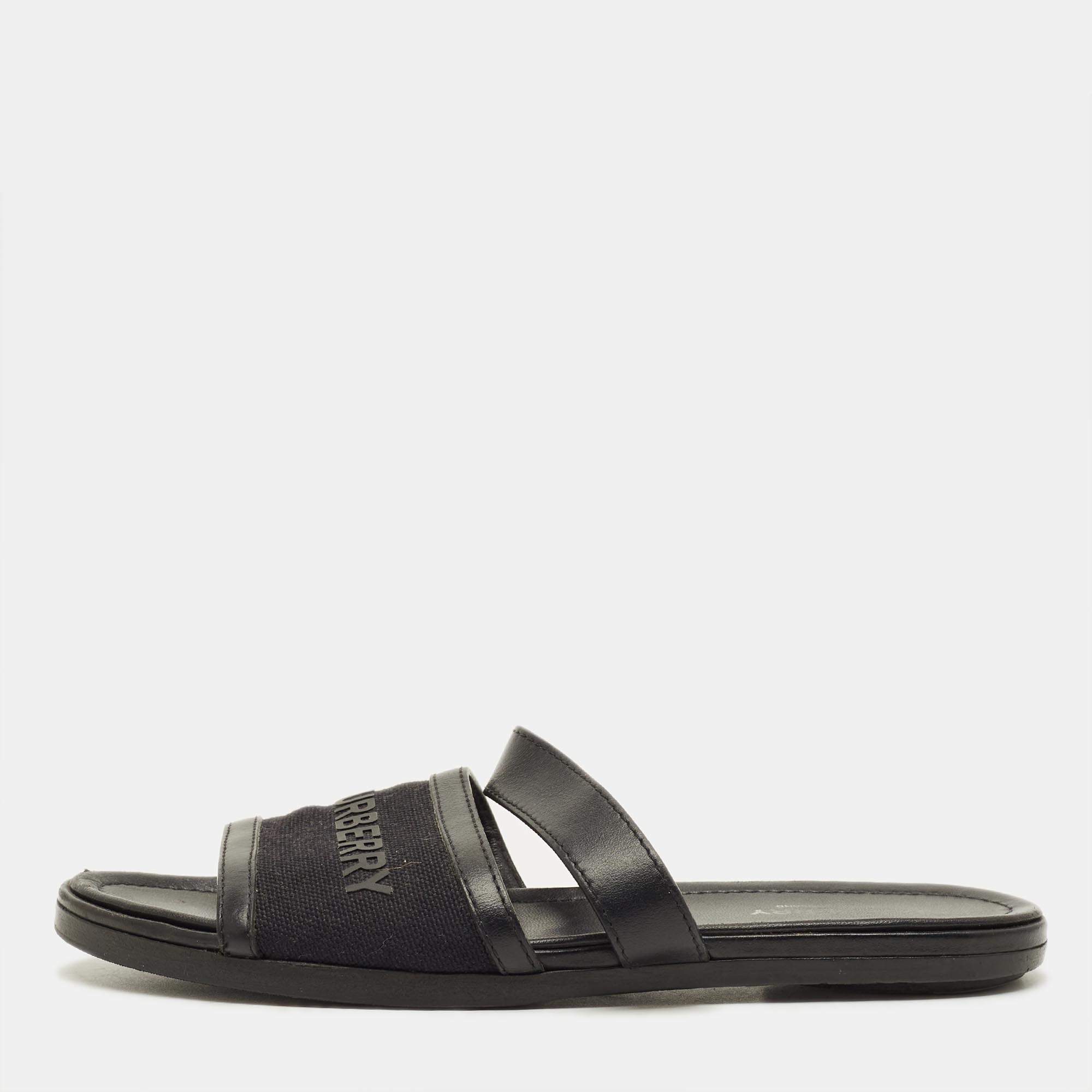 Pre Owned Burberry Black Canvas And Leather Flat Slides Size 38