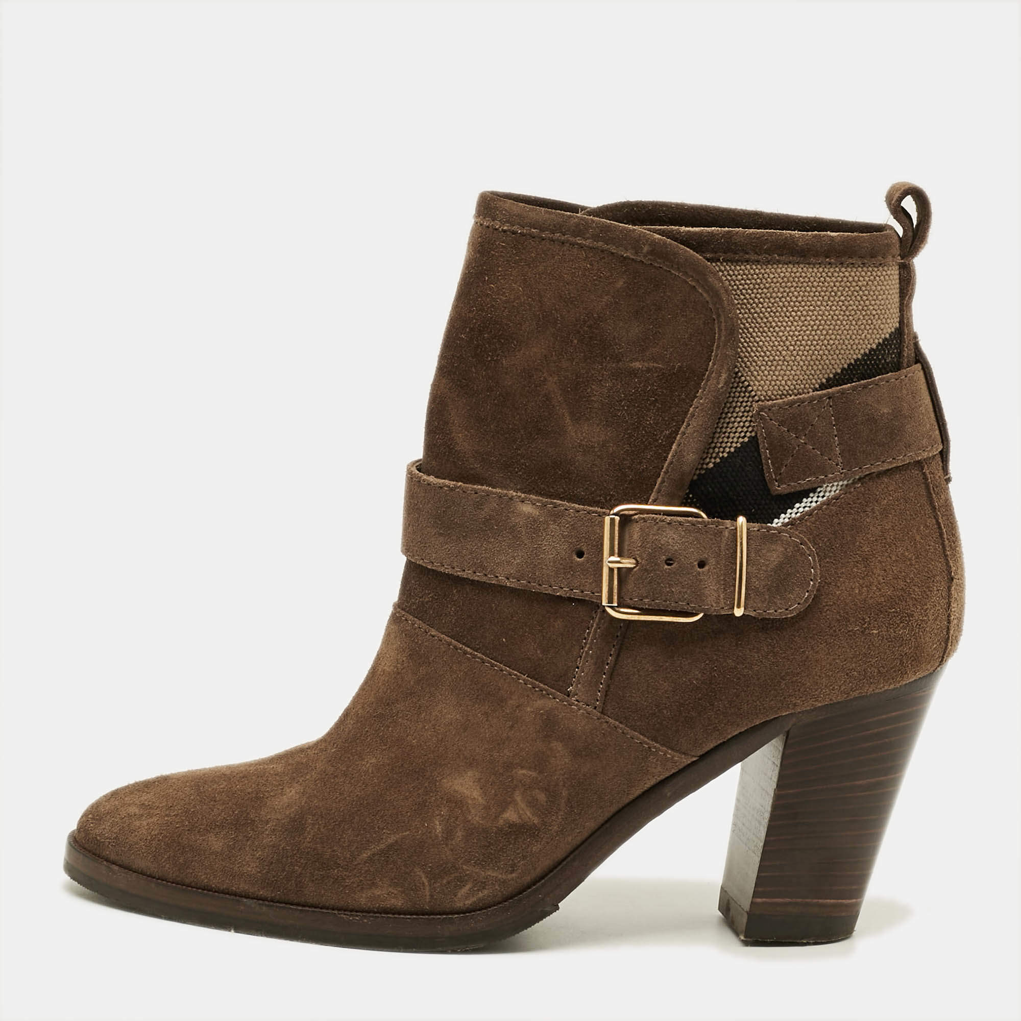 Pre Owned Burberry Larina Size 39 Brown Canvas and Suede Ankle Length Boots