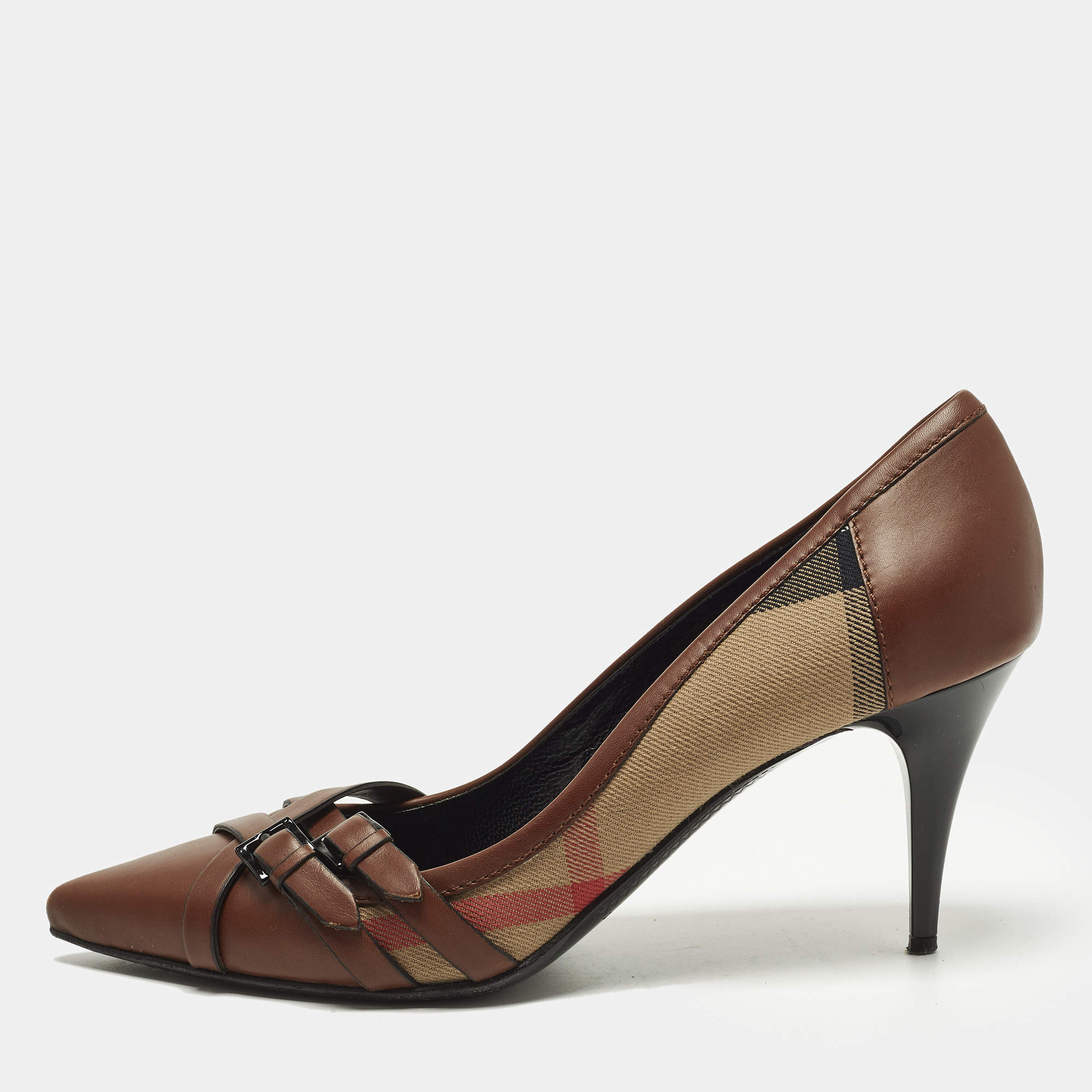 مملوكة مسبقًا Burberry Size 3 Brown/Beige House Check Canvas and Leather Pointed Toe Buckle Pumps