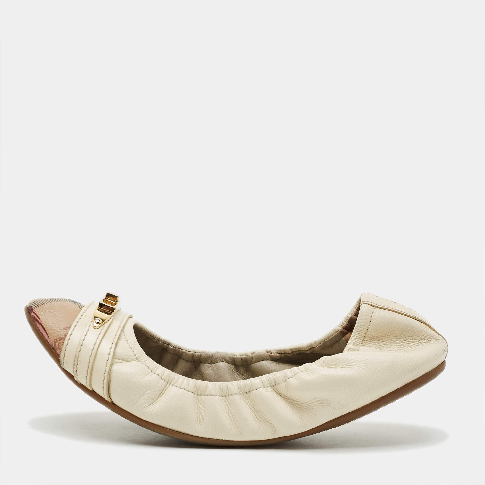 Pre Owned Burberry Size 39 Cream/Beige Check Canvas and Leather Scrunch Ballet Flats