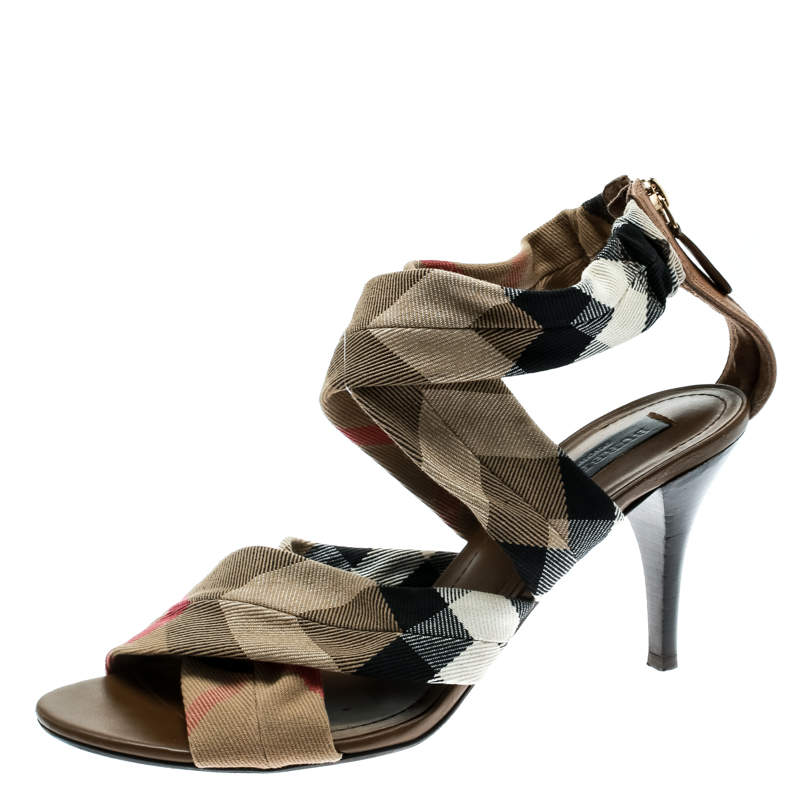 Pre Owned Burberry Beige Nova Check Canvas Cross Straps Platform Sandals Size 40