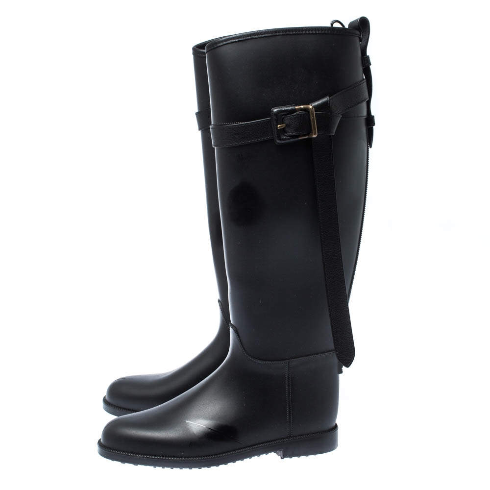 Burberry Black Leather Roscot Belted Rain Boots Size 36 Burberry | TLC