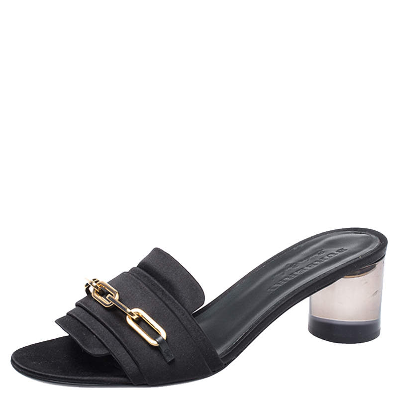 Burberry Black Satin Chain Detail Open Toe Mules Size 40