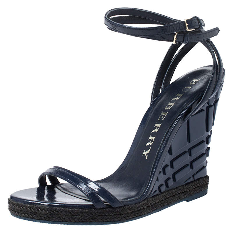 Burberry Navy Blue Patent Leather Strappy Wedge Sandals Size 40