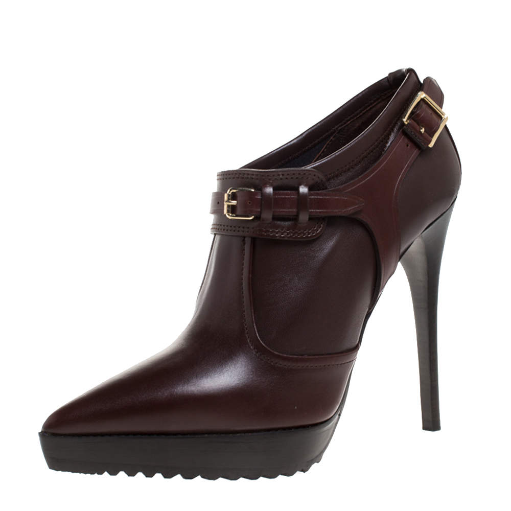 Pre Owned Burberry Dark Tan Leather Buckle Platform Booties Size 39