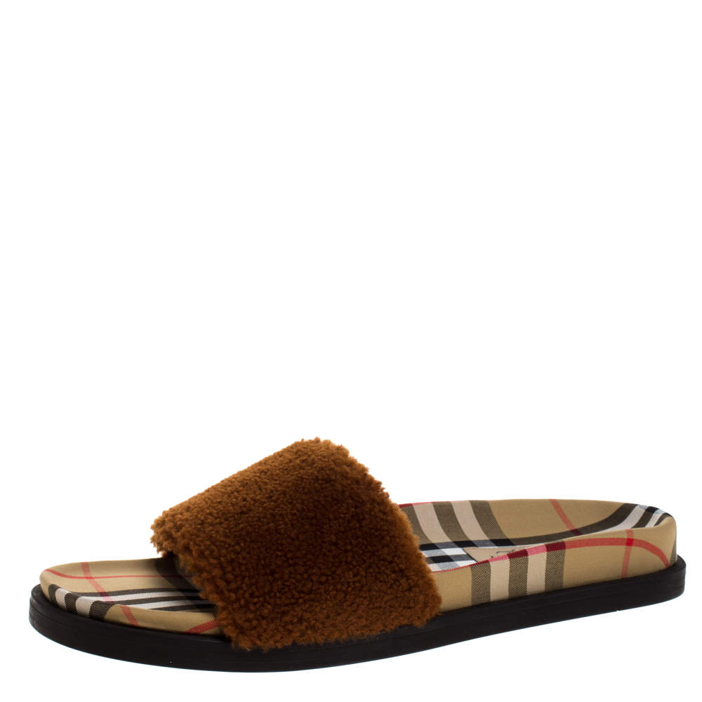 Pre Owned Burberry Brown Shearling & Vintage Check Kencot Slides Size 39.5