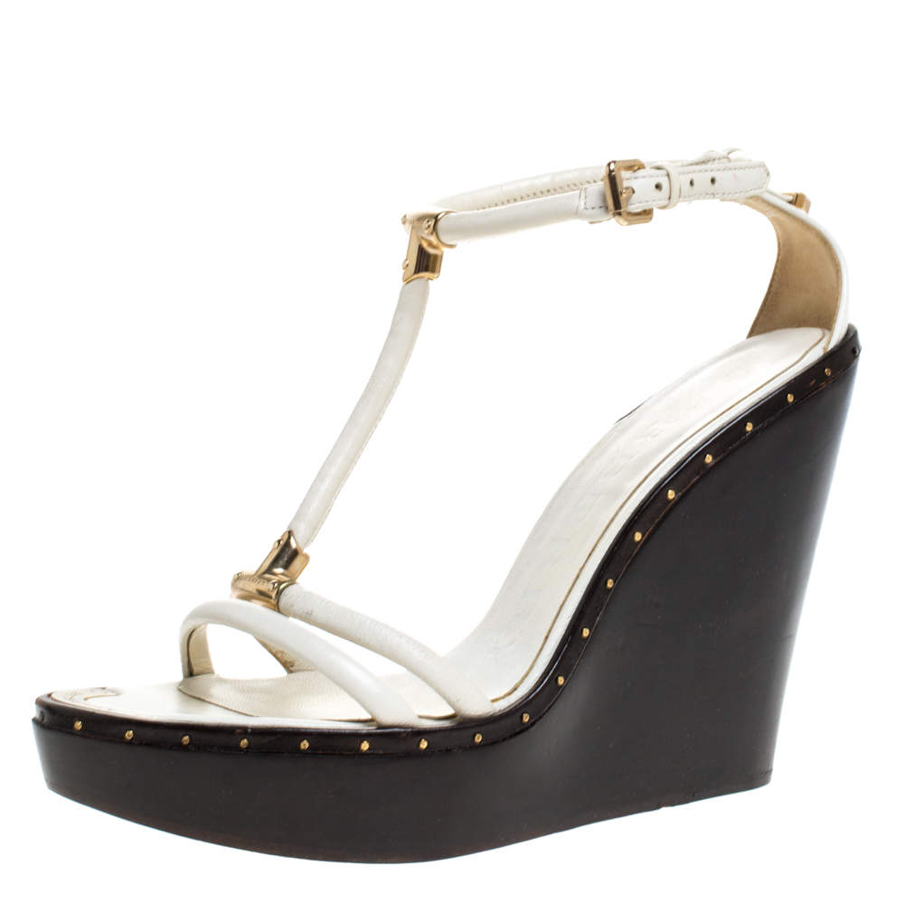 Pre Owned Burberry Cream Leather T-Strap Wooden Wedge Sandals Size 41
