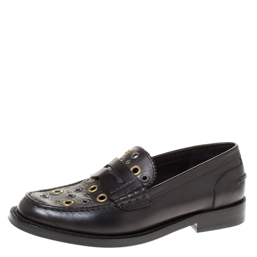 Pre Owned Burberry Black Leather Bedmont Eyelet Detail Penny Loafers Size 37