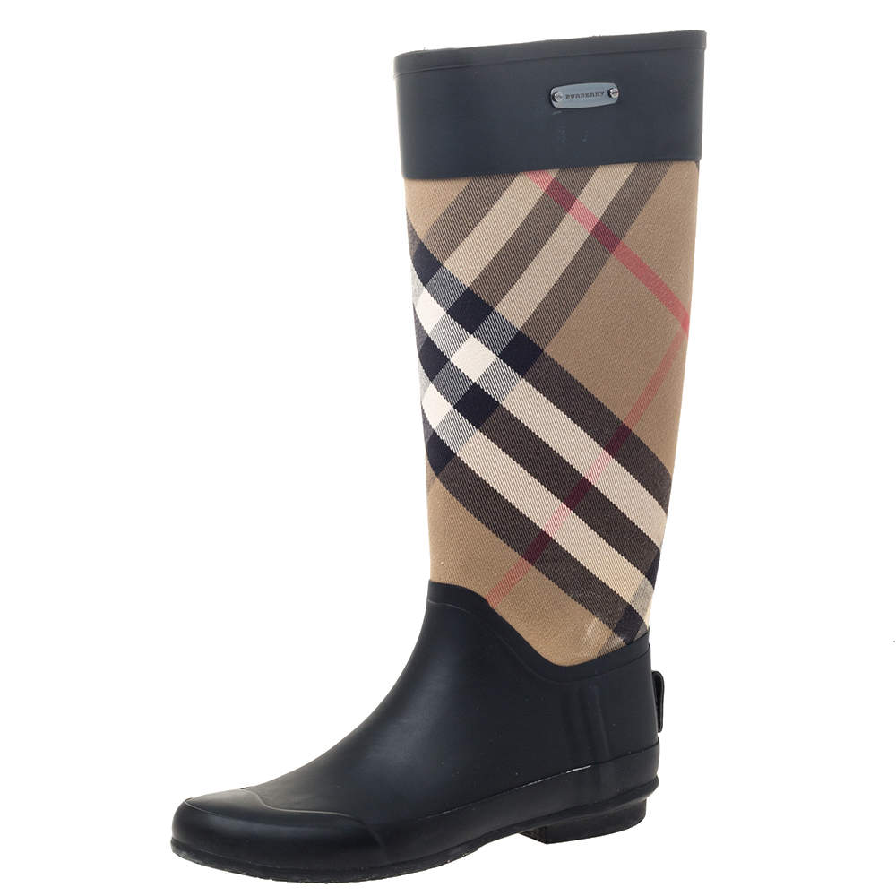 Burberry Black House Check Fabric and Rubber Rain Boots Size 38 ...