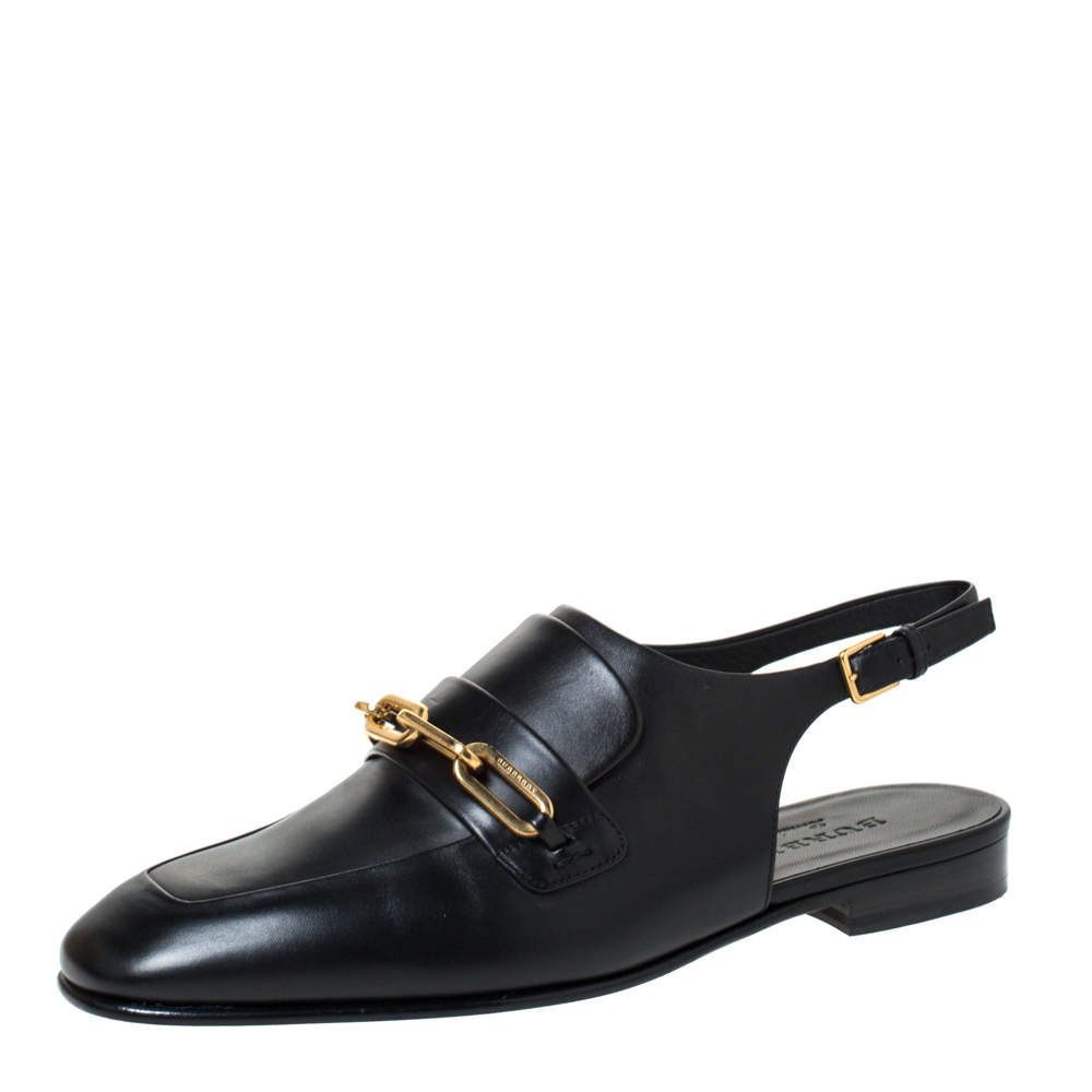 Pre Owned Burberry Black Leather ChelTown Chain Detail Slingback Loafer Sandals Size 37