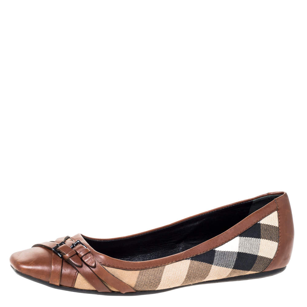 Burberry Brown House Check Canvas and Leather Buckle Ballet Flats Size 39