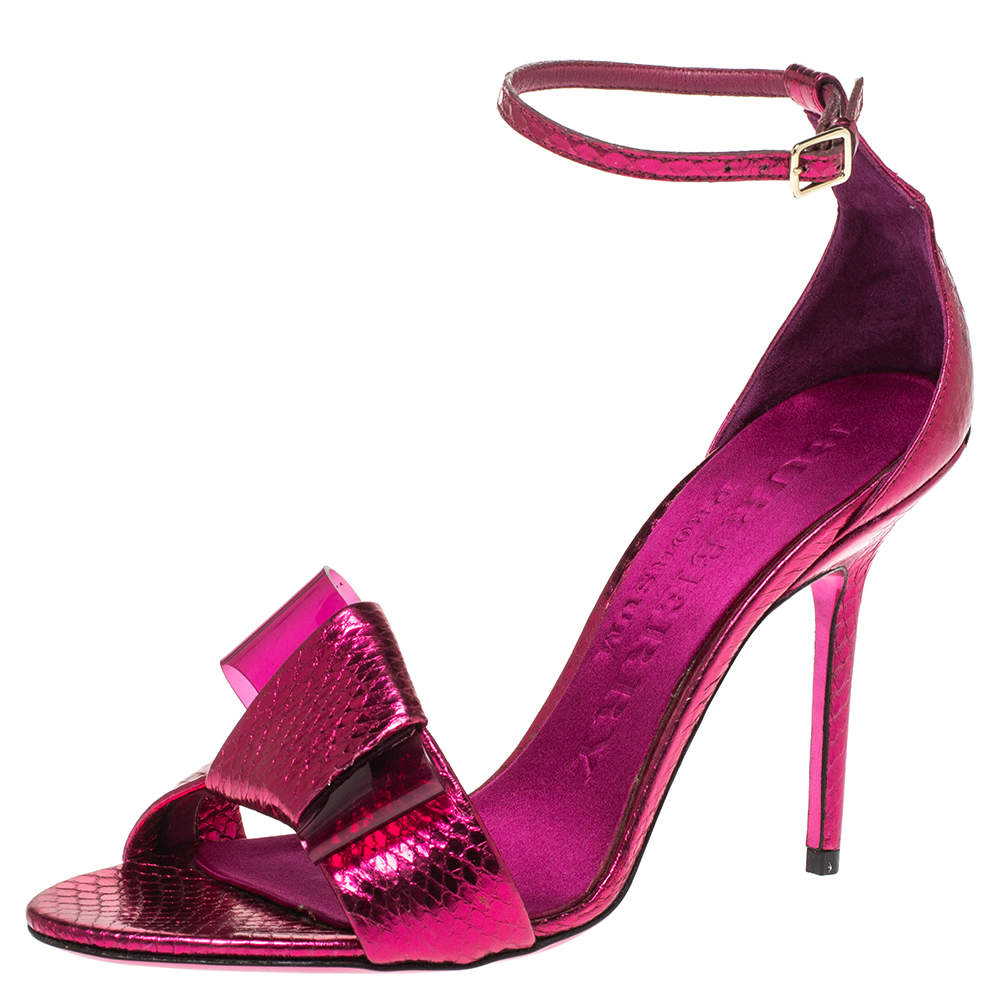 Burberry Fuchsia Pink Python Leather Bow Ankle Strap Sandals Size 37.5 ...