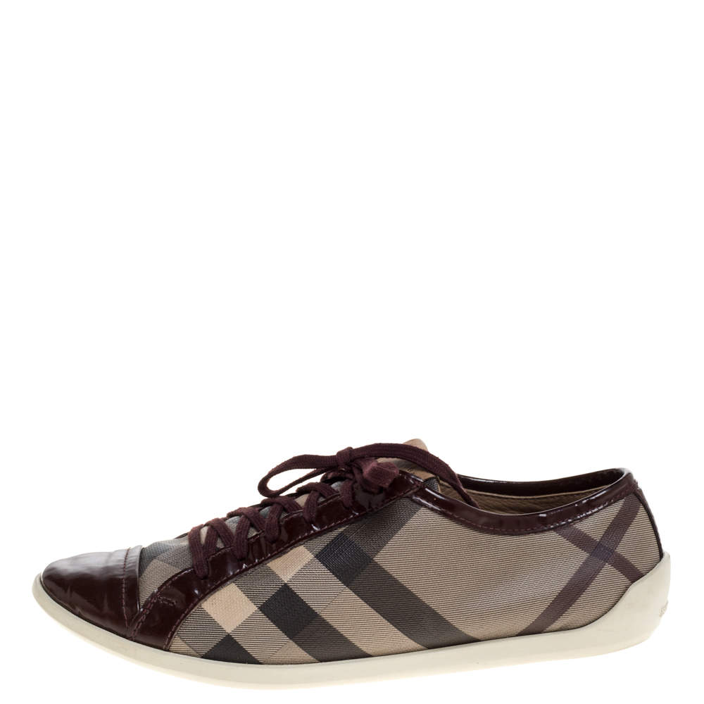 Burberry Beige/Burgundy Nova Check Canvas and Patent Leather Lace Up ...