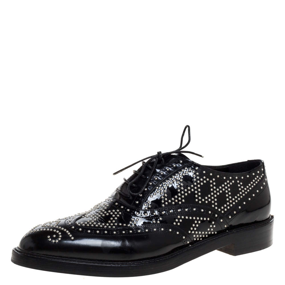 Pre Owned Burberry Black Patent Brogue Studded Lace Up Oxfords Size 40