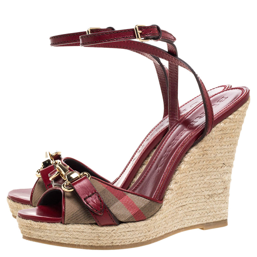 Pre Owned Burberry Red Leather and House Check Canvas Tenbury Ankle Strap Wedge Platform Sandals Size 39