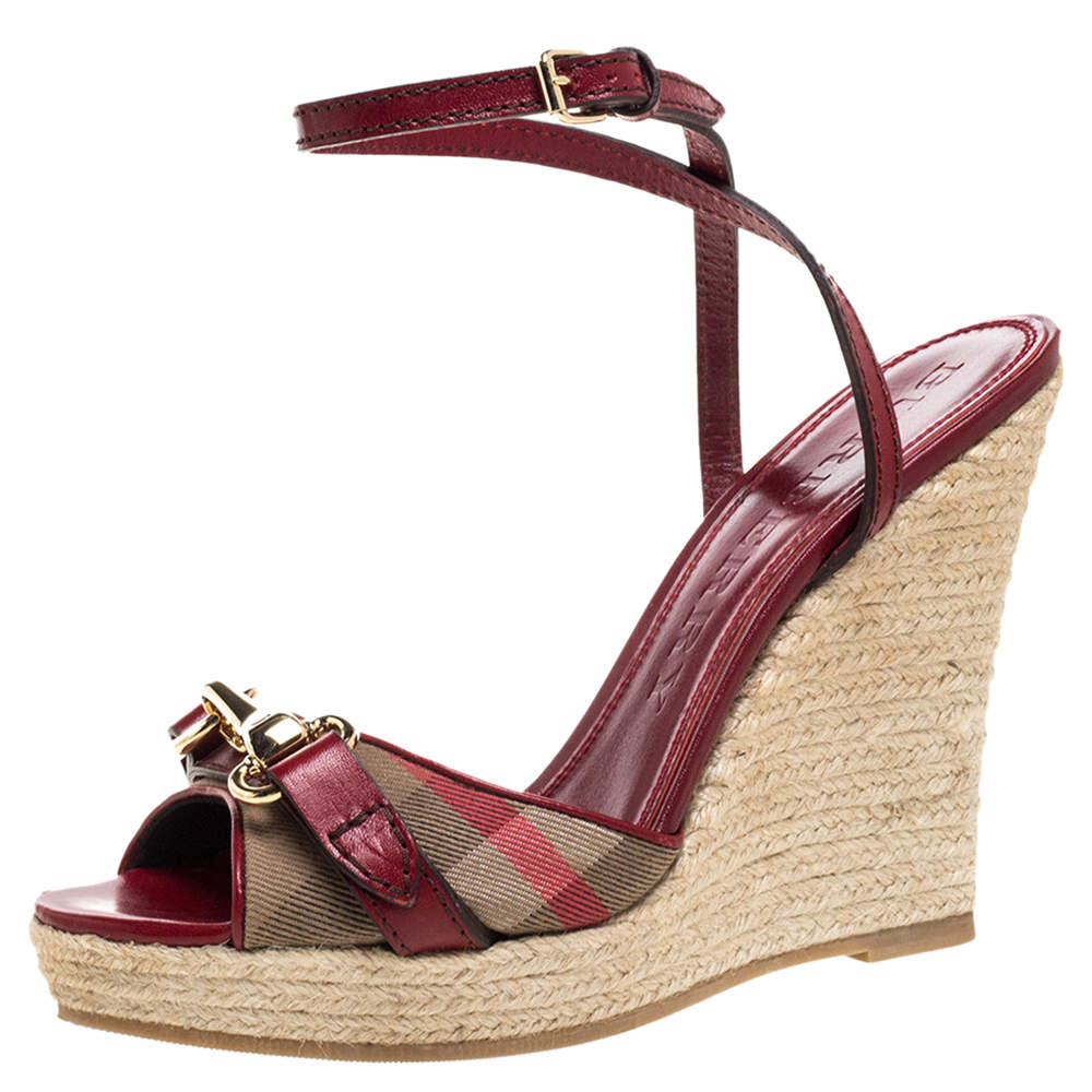 Pre Owned Burberry Red Leather and House Check Canvas Tenbury Ankle Strap Wedge Platform Sandals Size 39