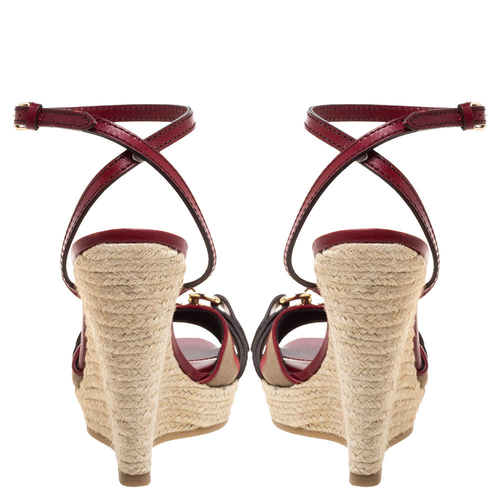 Pre Owned Burberry Red Leather and House Check Canvas Tenbury Ankle Strap Wedge Platform Sandals Size 39