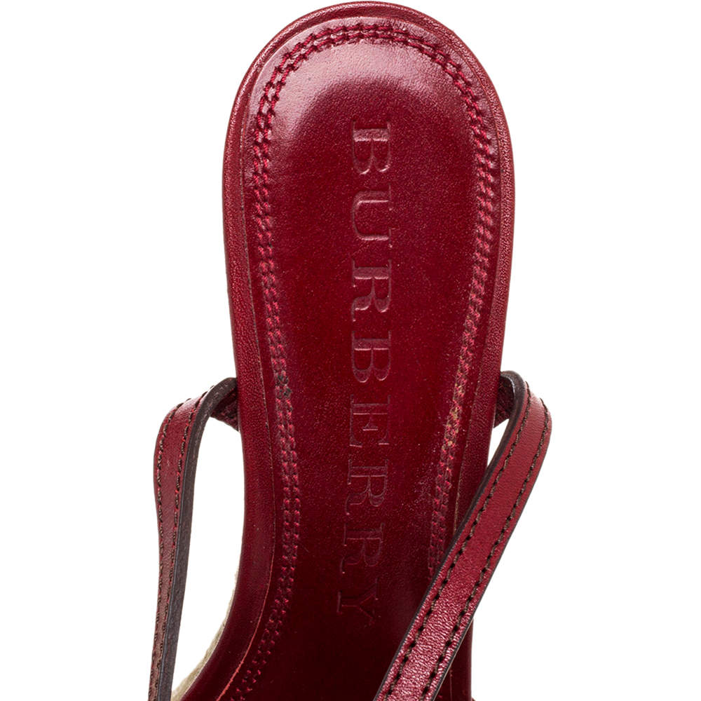 Pre Owned Burberry Red Leather and House Check Canvas Tenbury Ankle Strap Wedge Platform Sandals Size 39
