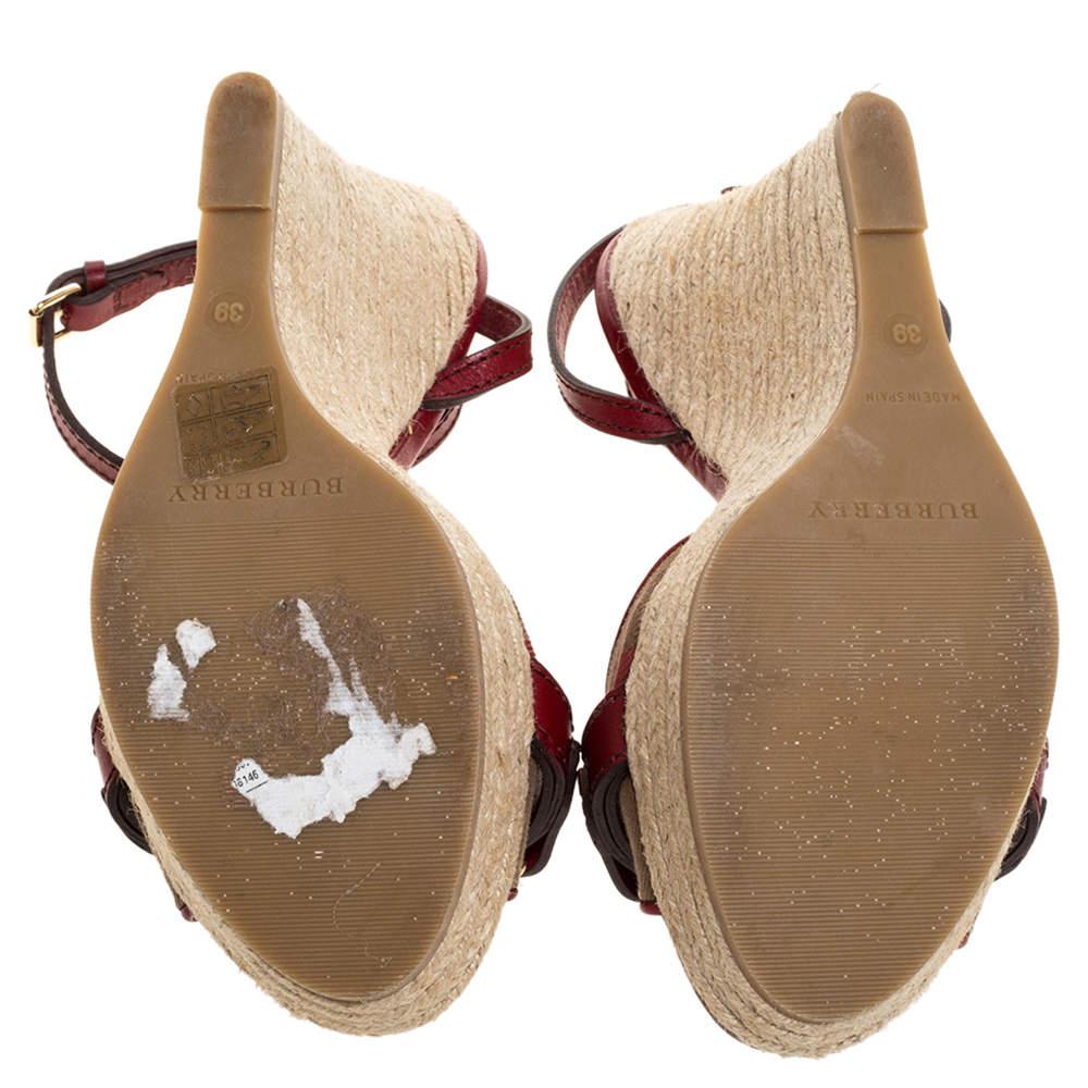 Pre Owned Burberry Red Leather and House Check Canvas Tenbury Ankle Strap Wedge Platform Sandals Size 39
